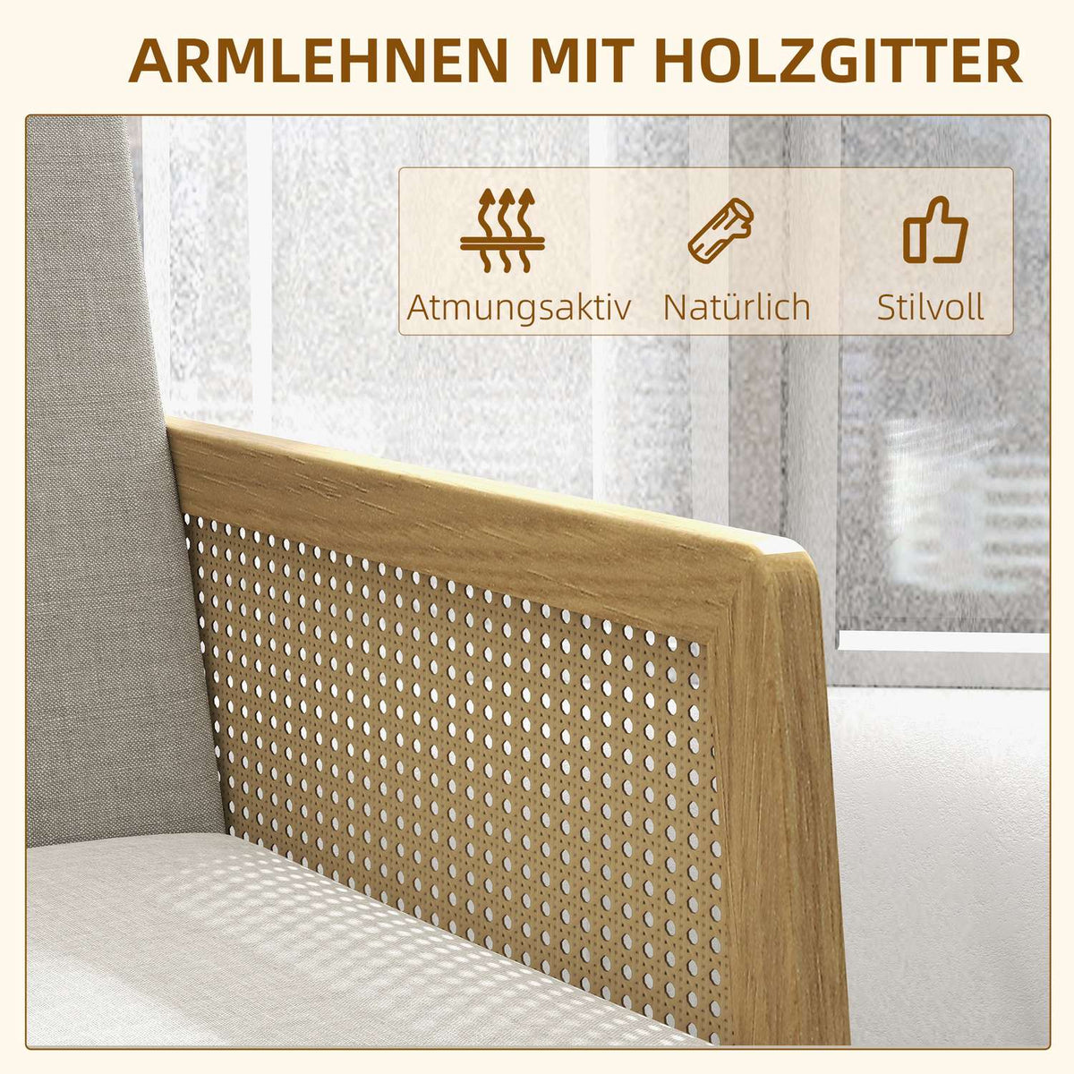 Accent Chair, Relaxation Chair & Lounge Chair With Armrest In Rattan Look, Upholstered, Linen Look, For Living Room
