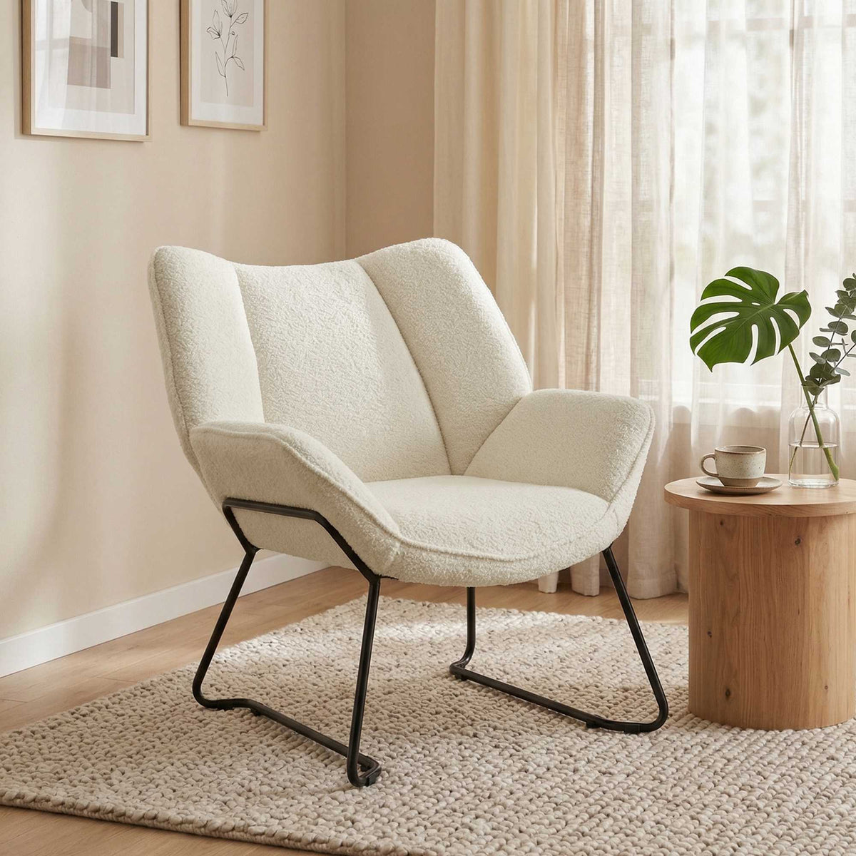 Accent Chair, Sherpa Fleece, Wide Back, Steel Legs, White