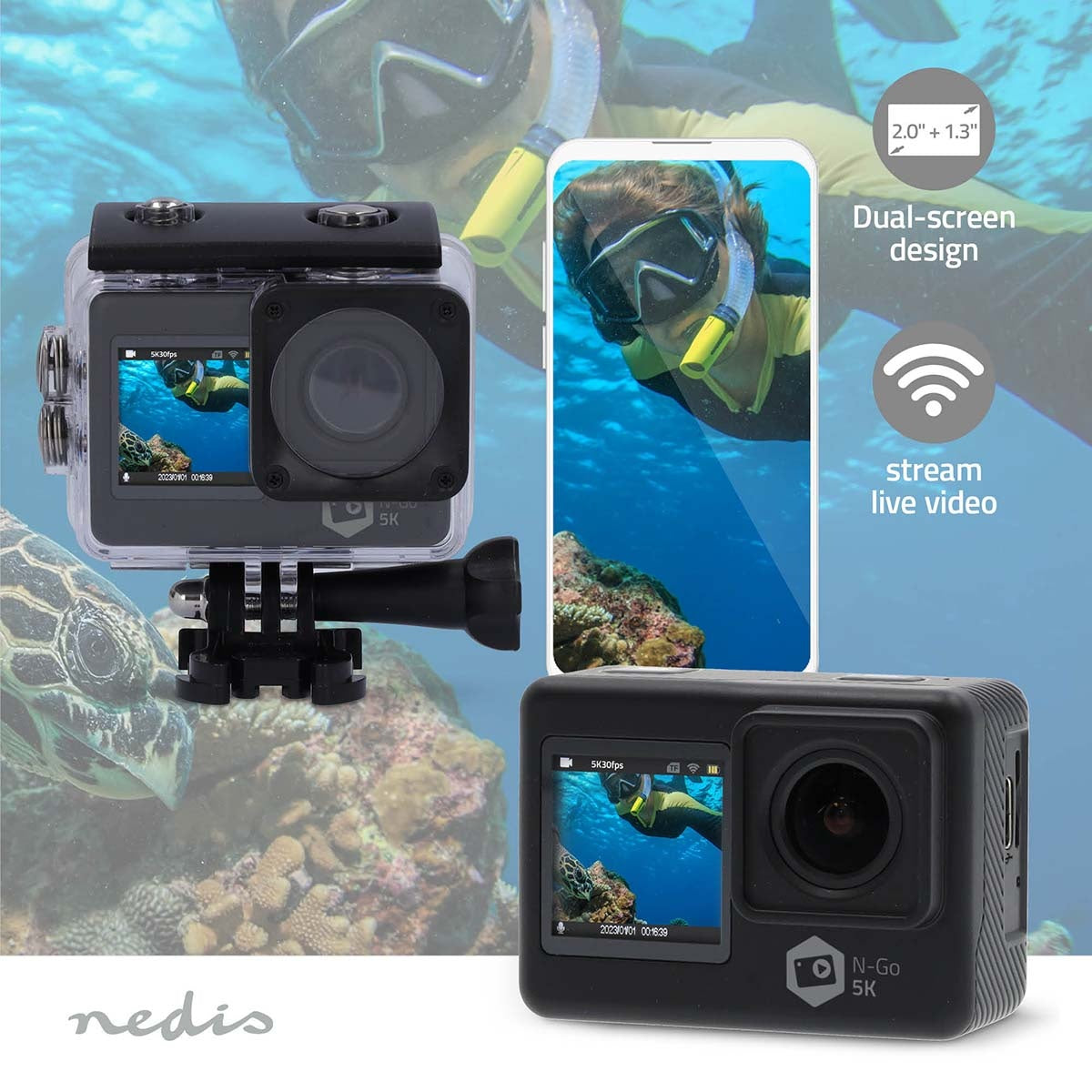 Action Cam | Dual Screen | 5K@30fps | 16 MPixel | Waterproof up to: 30.00 m | 80 min | Wi-Fi | App available for: Android™ / IOS | Mounts included | Black