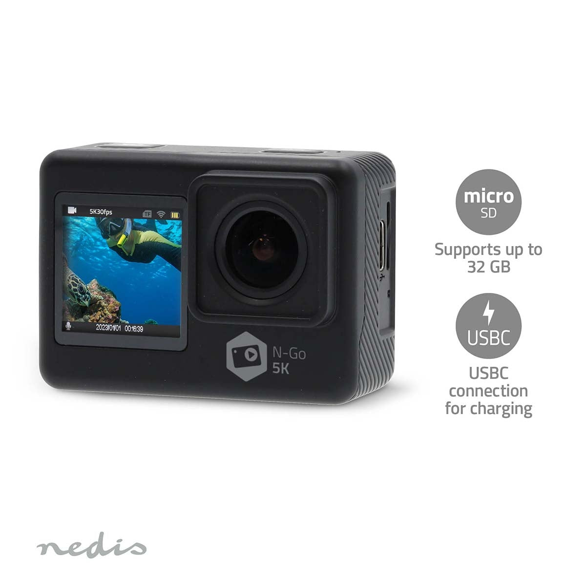 Action Cam | Dual Screen | 5K@30fps | 16 MPixel | Waterproof up to: 30.00 m | 80 min | Wi-Fi | App available for: Android™ / IOS | Mounts included | Black