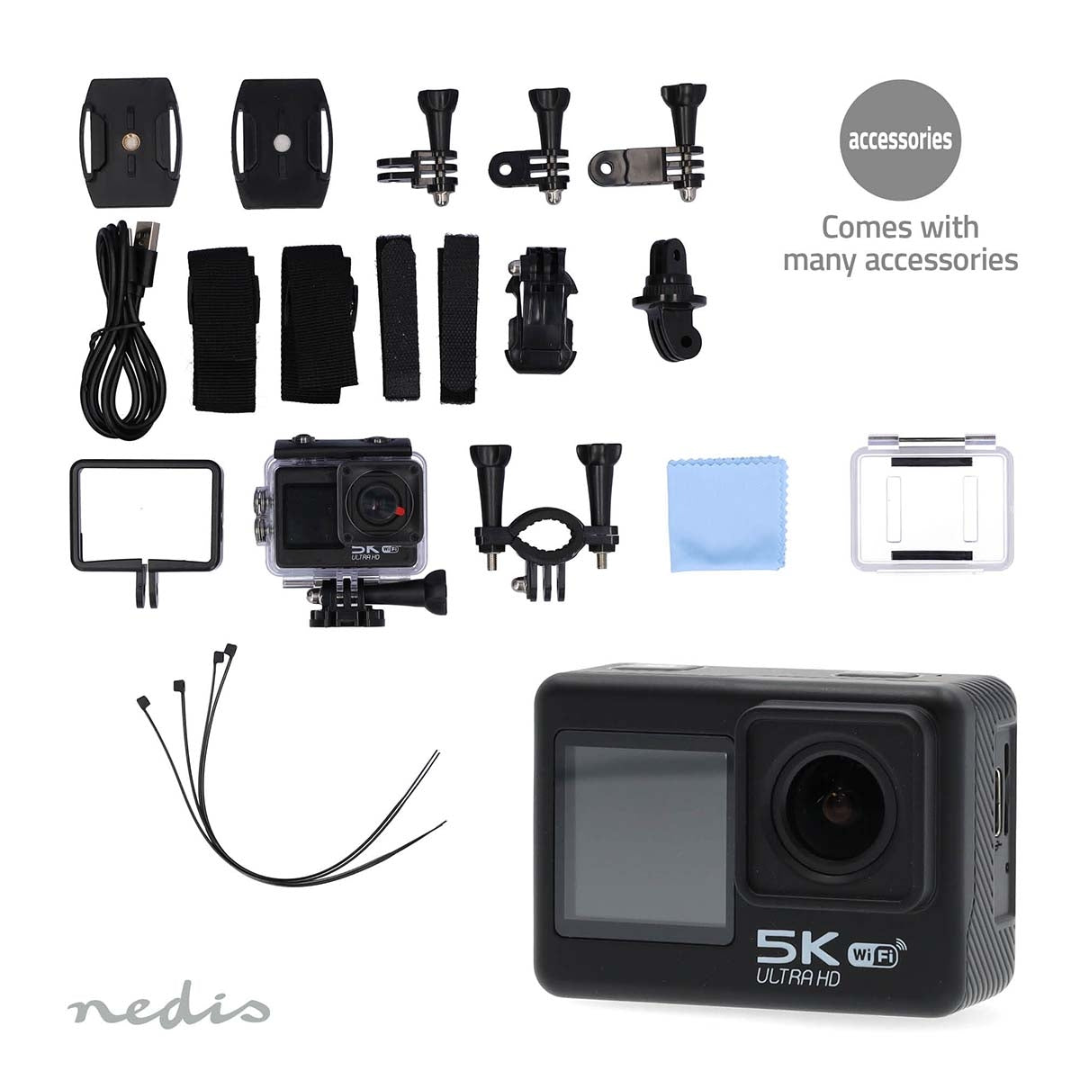 Action Cam | Dual Screen | 5K@30fps | 16 MPixel | Waterproof up to: 30.00 m | 80 min | Wi-Fi | App available for: Android™ / IOS | Mounts included | Black
