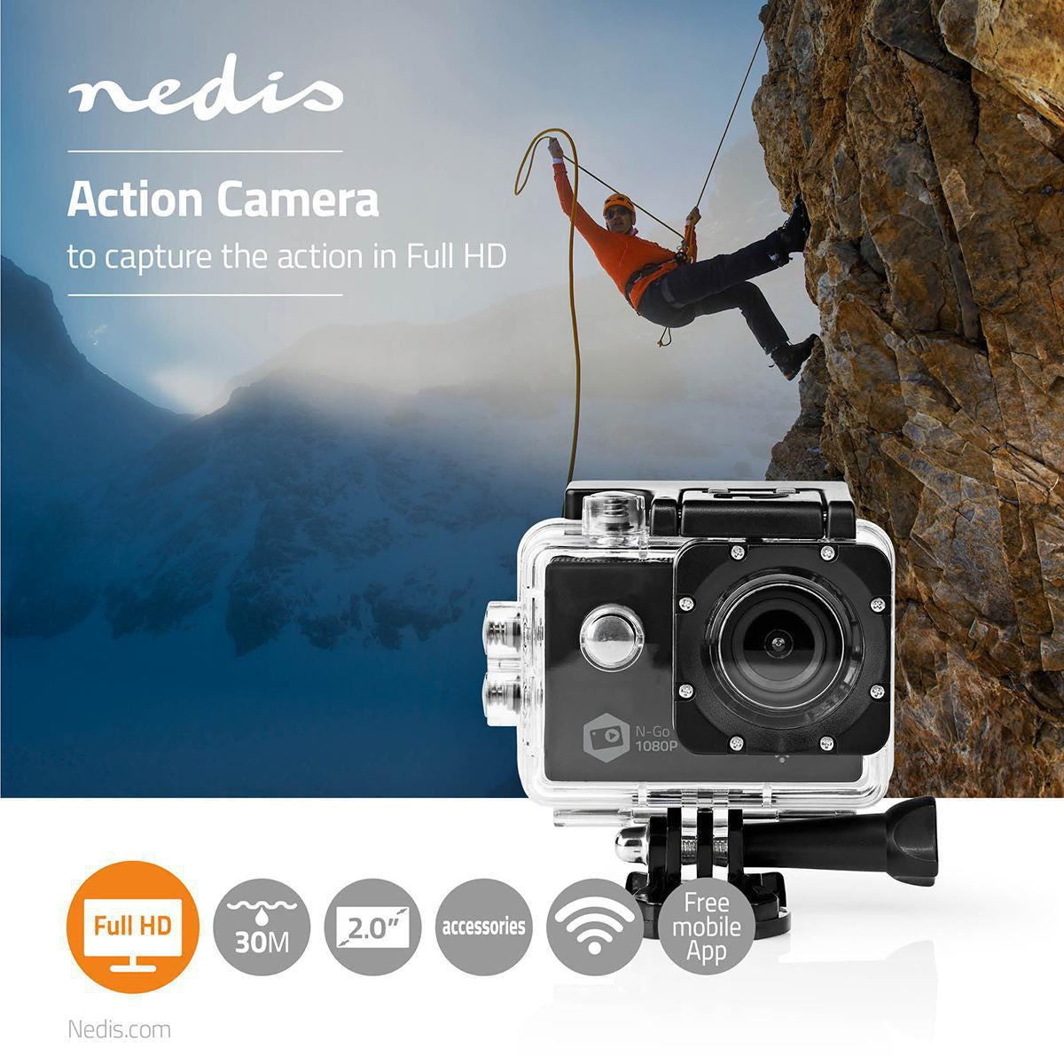 Action Camera | 1080p@30fps | 12 MPixel | Waterproof up to: 30.0 m | 90 min | Wi-Fi | App available for: Android™ / IOS | Brackets included | Black