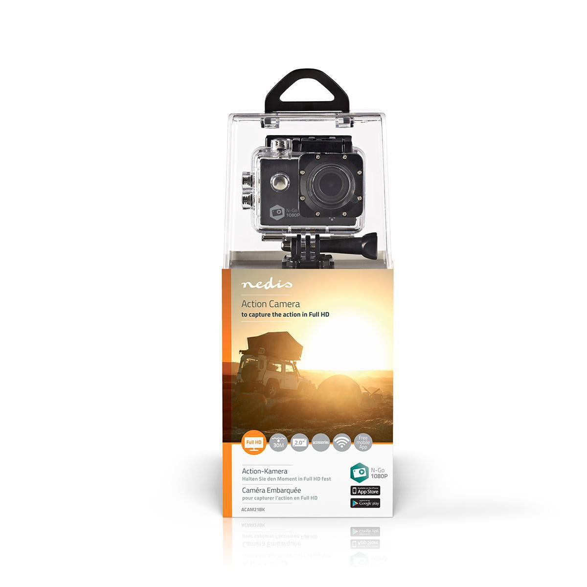 Action Camera | 1080p@30fps | 12 MPixel | Waterproof up to: 30.0 m | 90 min | Wi-Fi | App available for: Android™ / IOS | Brackets included | Black