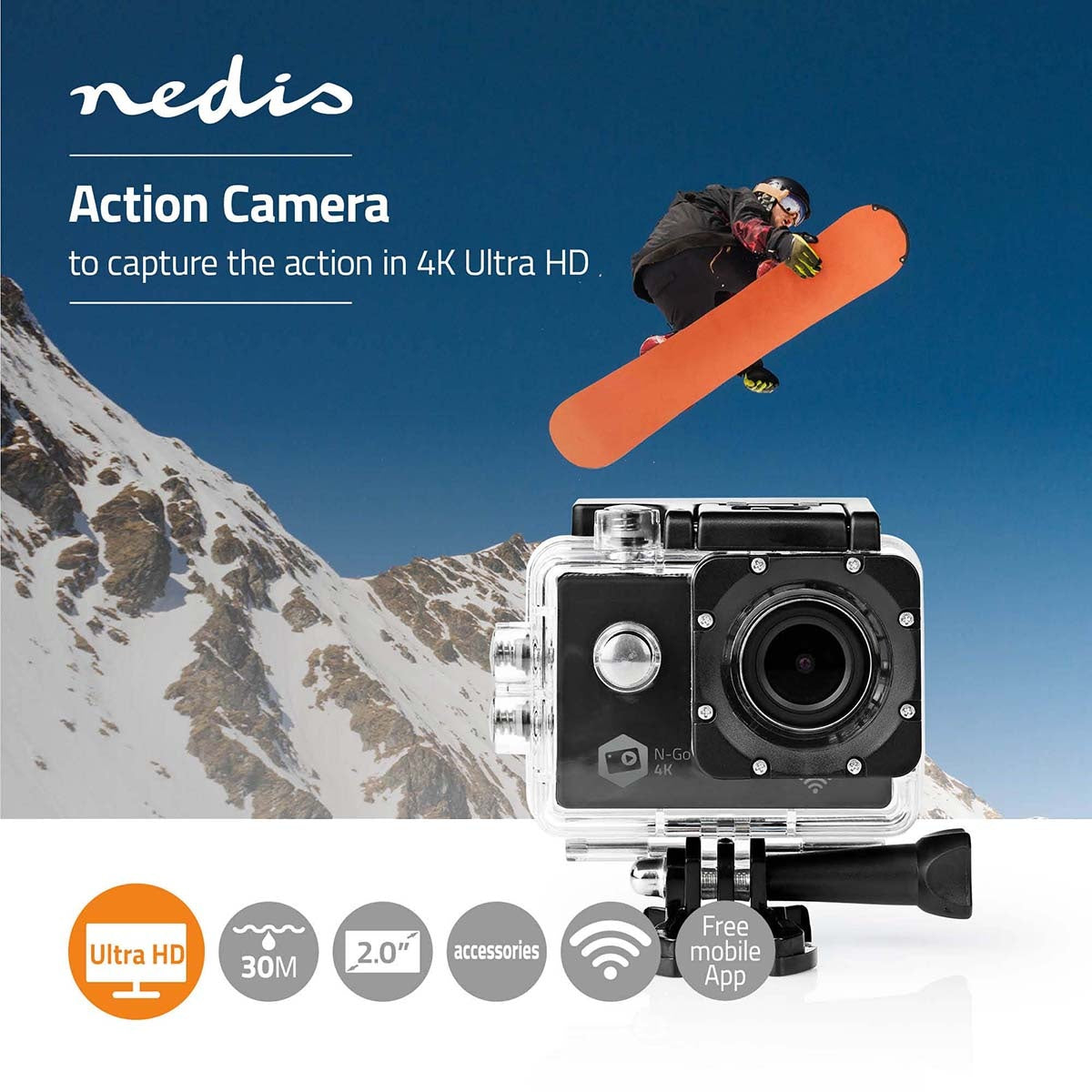 Action Camera | 4K@30fps | 16 MPixel | Waterproof up to: 30.0 m | 90 min | Wi-Fi | App available for: Android™ / IOS | Brackets included | Black