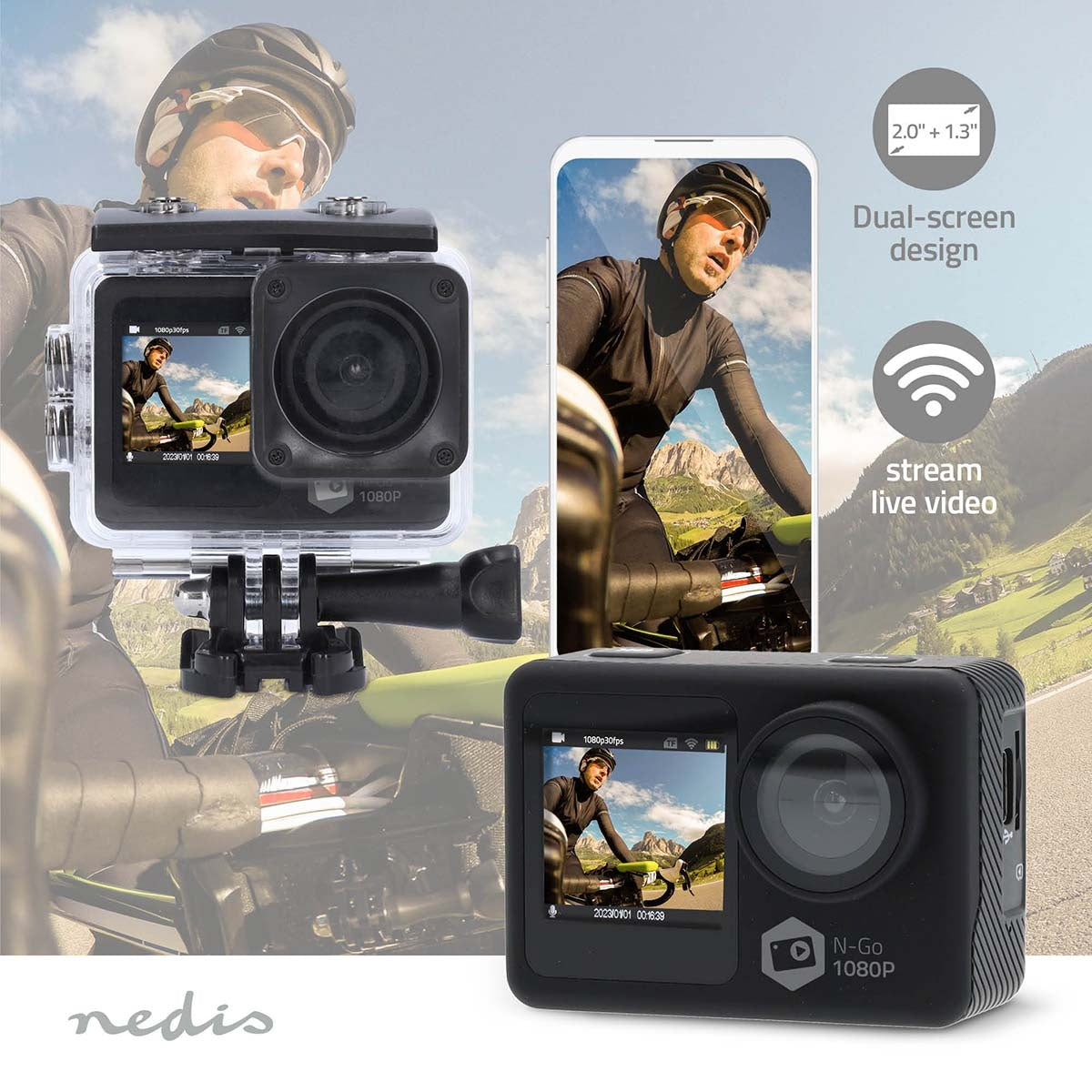 Action Camera | Dual Screen | 1080p@30fps | 12 MPixel | Waterproof up to: 30.0 m | 70 min | Wi-Fi | App available for: Android™ / IOS | Brackets included | Black