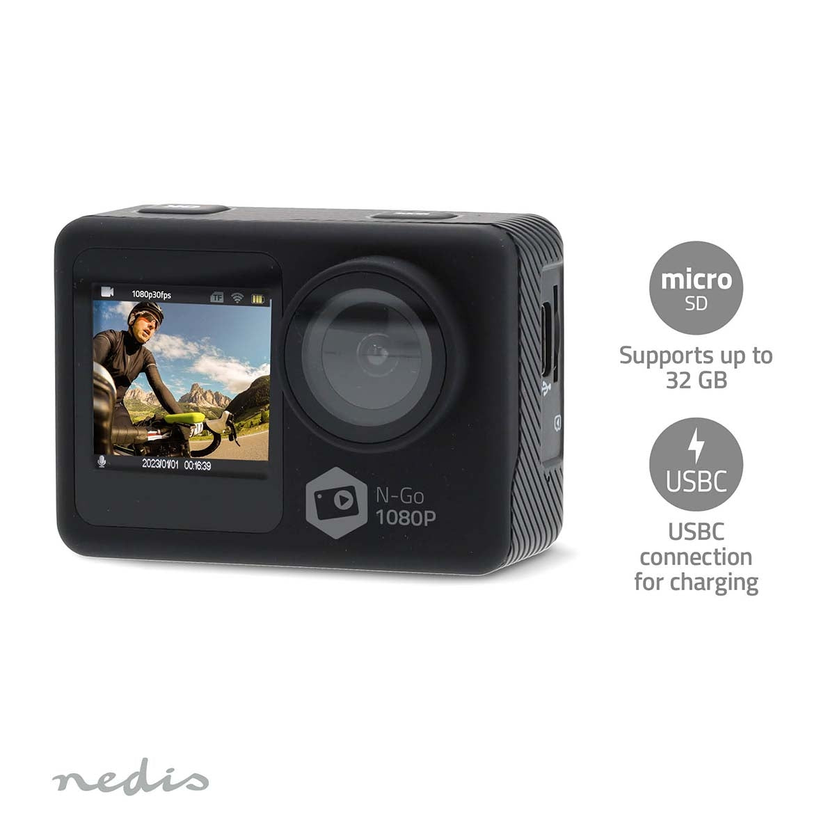 Action Camera | Dual Screen | 1080p@30fps | 12 MPixel | Waterproof up to: 30.0 m | 70 min | Wi-Fi | App available for: Android™ / IOS | Brackets included | Black