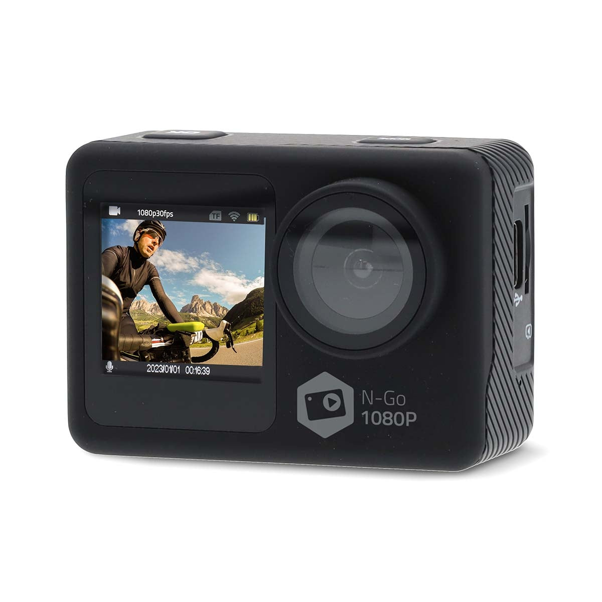Action Camera | Dual Screen | 1080p@30fps | 12 MPixel | Waterproof up to: 30.0 m | 70 min | Wi-Fi | App available for: Android™ / IOS | Brackets included | Black
