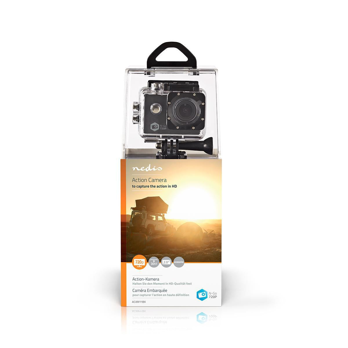 Action Camera | Simple Screen | 720p@30fps | 5 MPixel | Waterproof up to: 30.0 m | 90 min | Wi-Fi | App available for: Android™ / IOS | Brackets included | Black