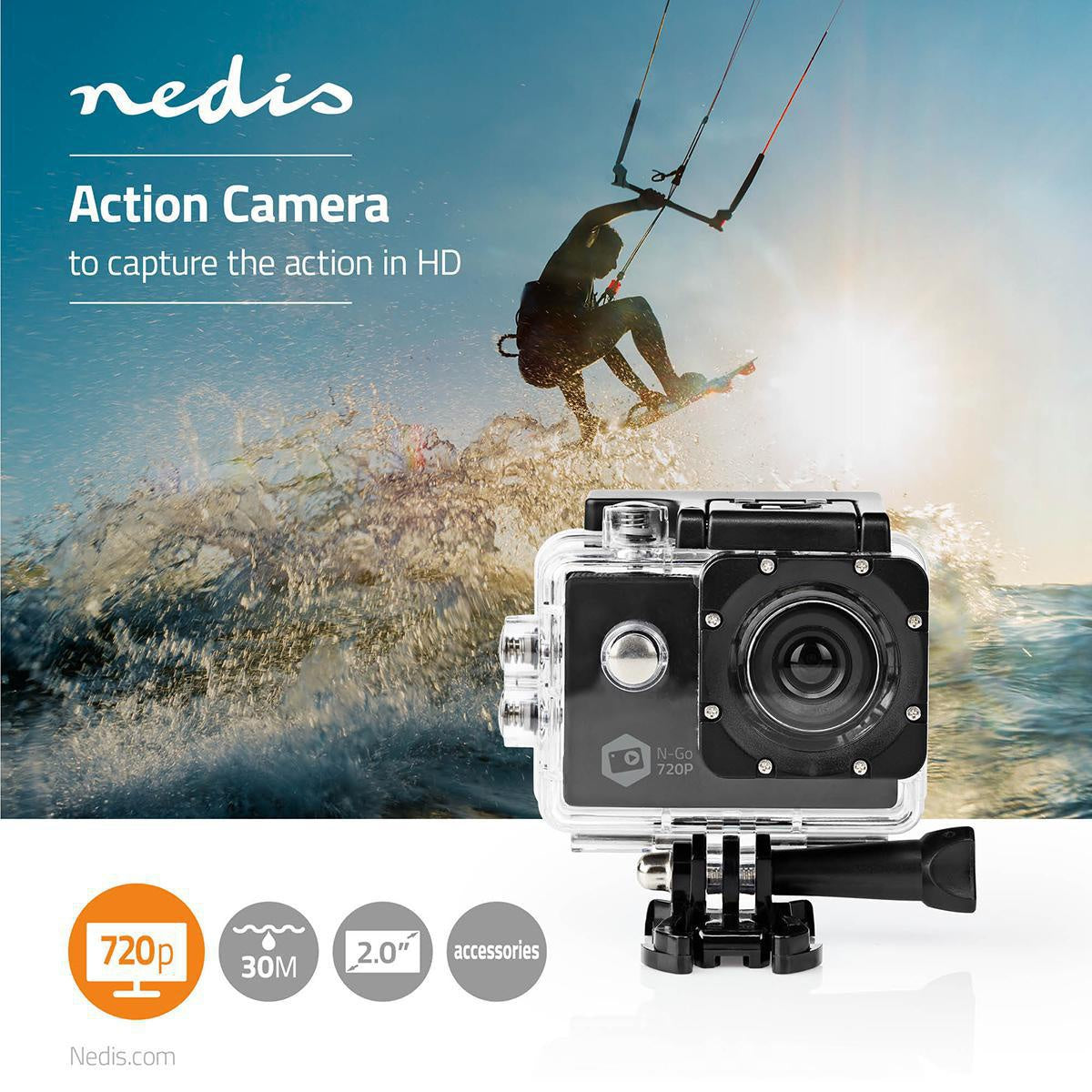 Action Camera | Simple Screen | 720p@30fps | 5 MPixel | Waterproof up to: 30.0 m | 90 min | Wi-Fi | App available for: Android™ / IOS | Brackets included | Black