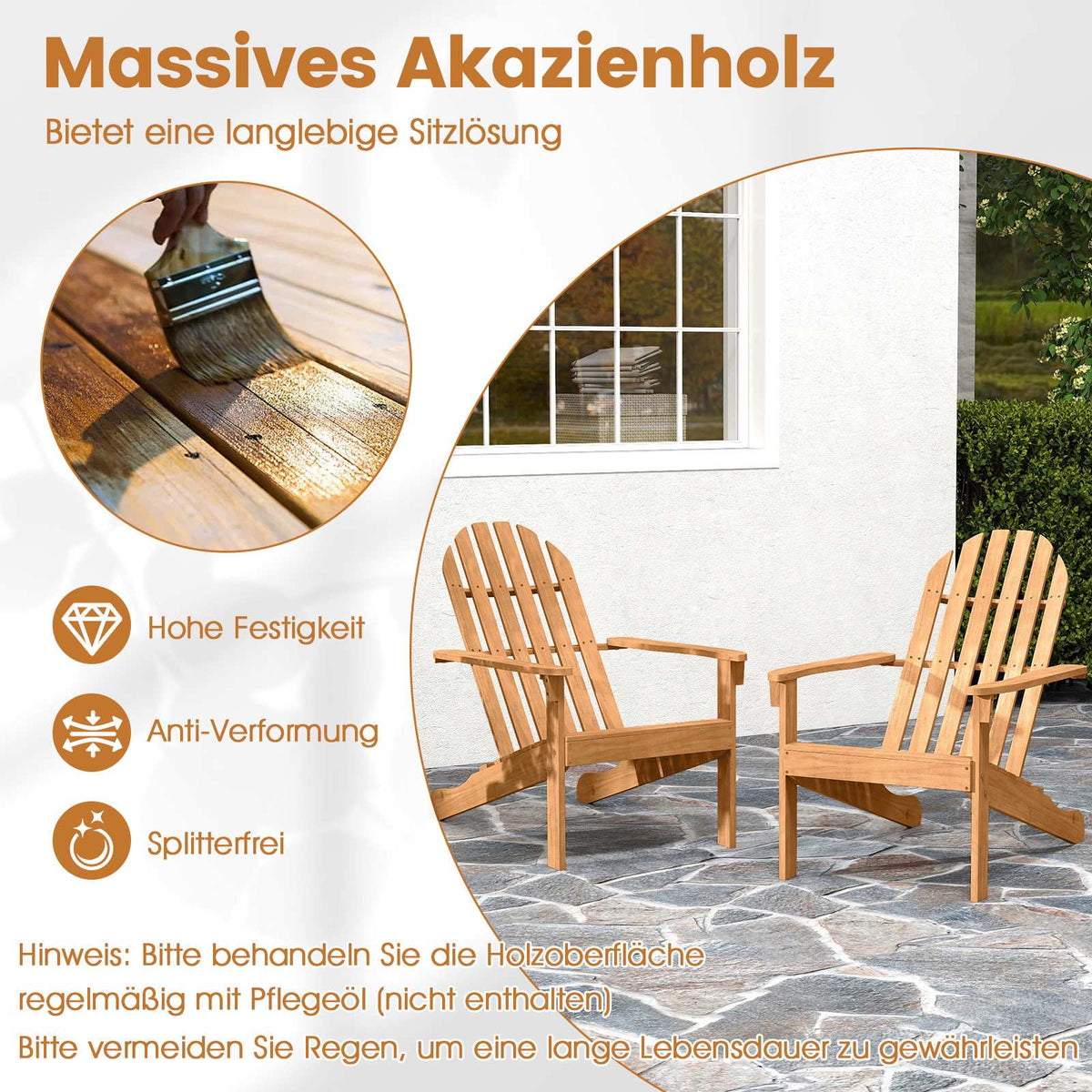 Adirondack Chair Acacia Wood, Ergonomic, 180kg Capacity