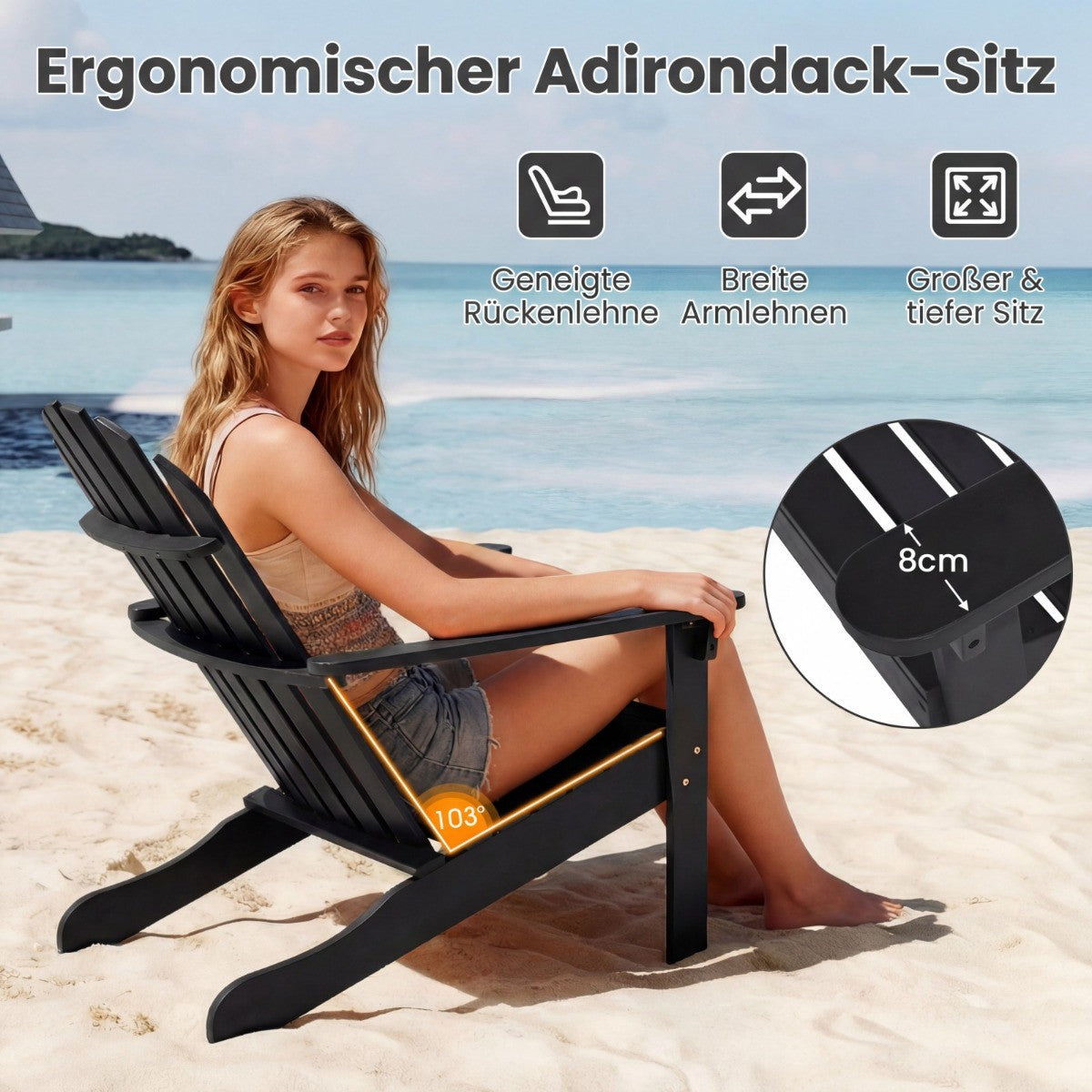Adirondack Chair Black Acacia Wood with High Back