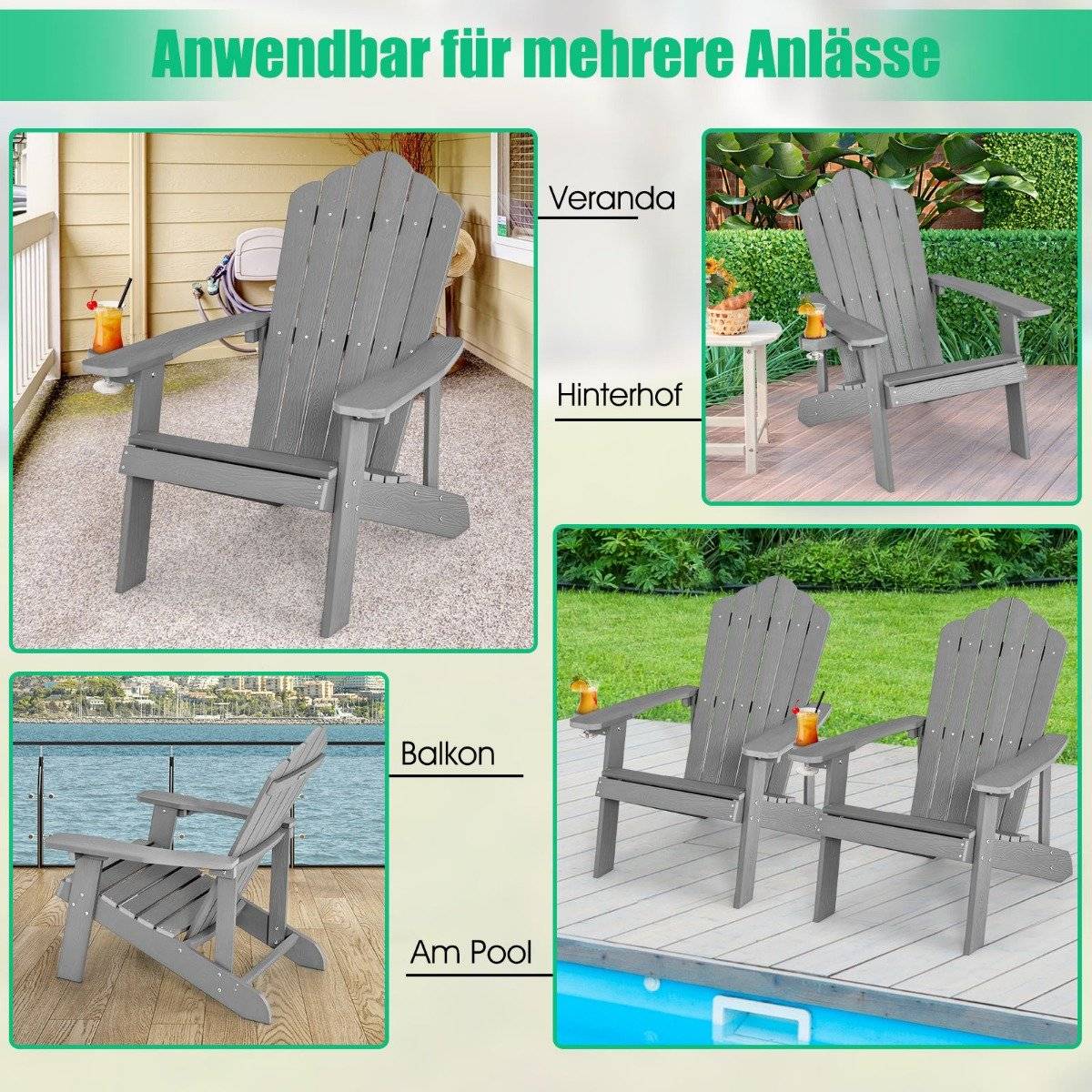 Adirondack Chair with Cup Holder, Weatherproof, Light Gray