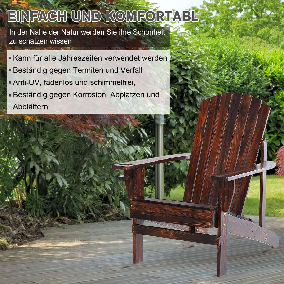 Adirondack Garden Chair With Cup Holder Balcony Chair Solid Wood Charred 72.5 X 97 X 93 Cm