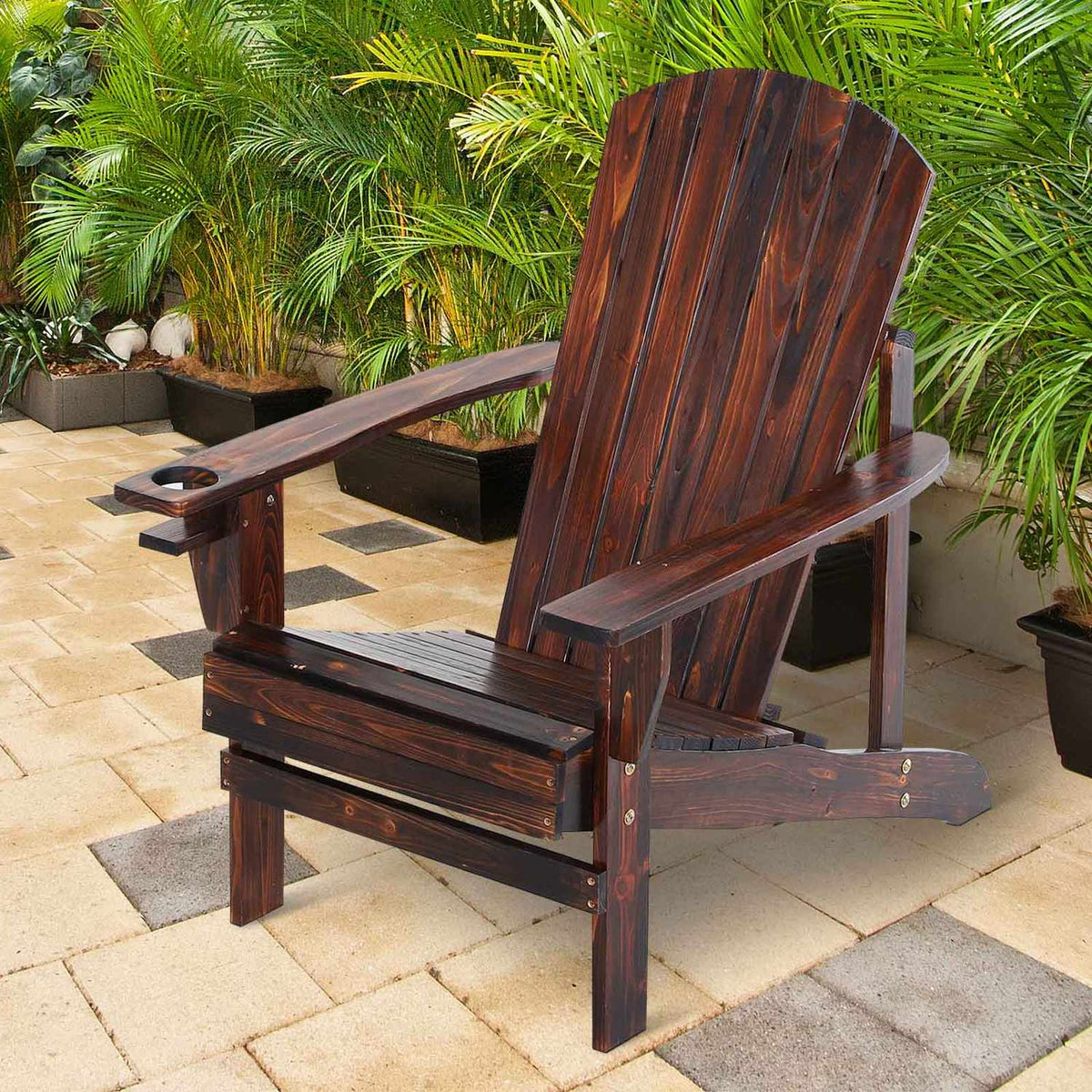 Adirondack Garden Chair With Cup Holder Balcony Chair Solid Wood Charred 72.5 X 97 X 93 Cm
