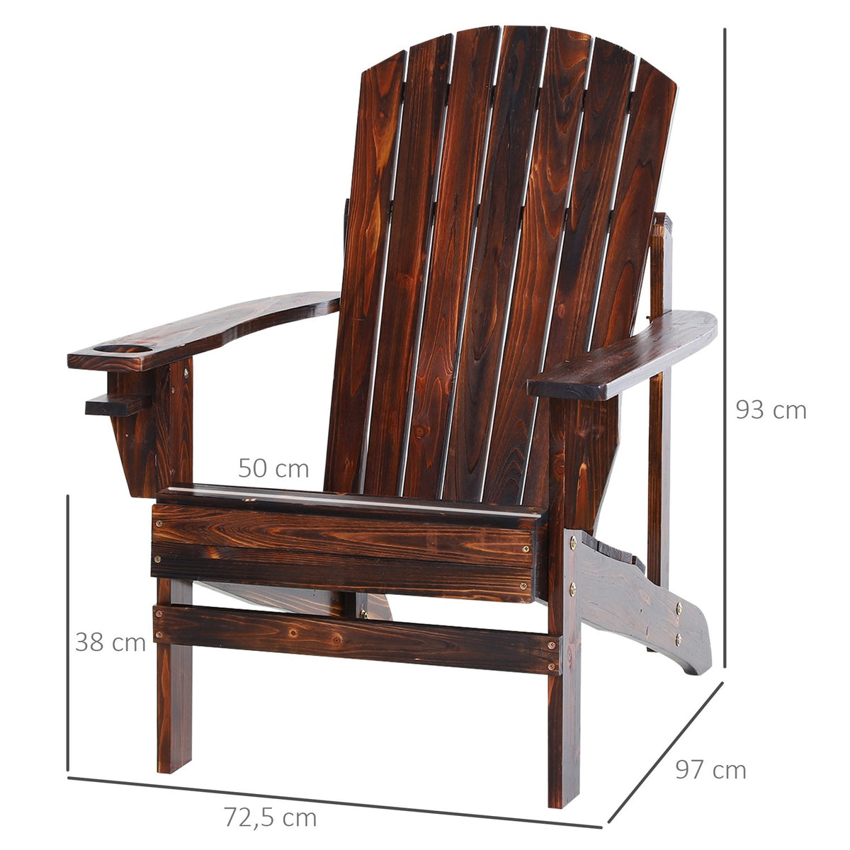Adirondack Garden Chair With Cup Holder Balcony Chair Solid Wood Charred 72.5 X 97 X 93 Cm