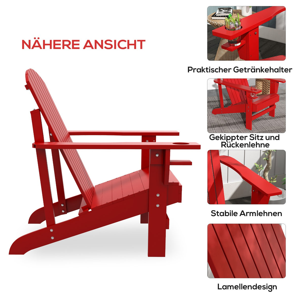 Adirondack Garden Chair With Cup Holder Garden Lounger Balcony Chair Solid Wood Red 72 X 94 X 93 Cm