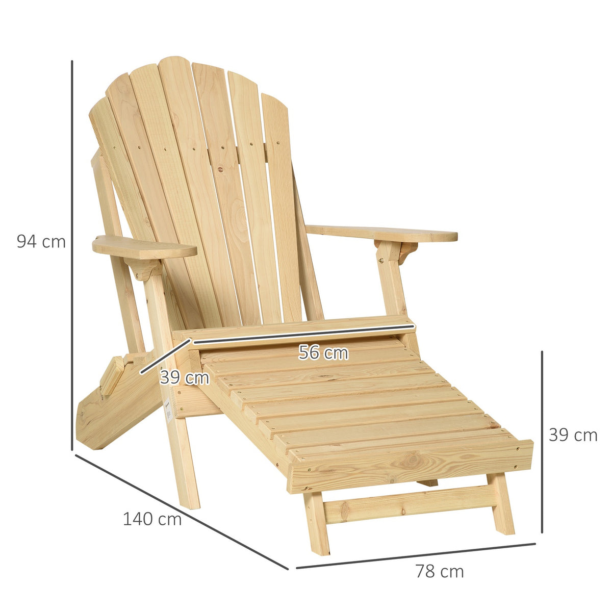 Adirondack Garden Chair With Footrest Folding Garden Lounger Outdoor Garden Furniture Natural Pine Wood 78 X 140 X 94 Cm