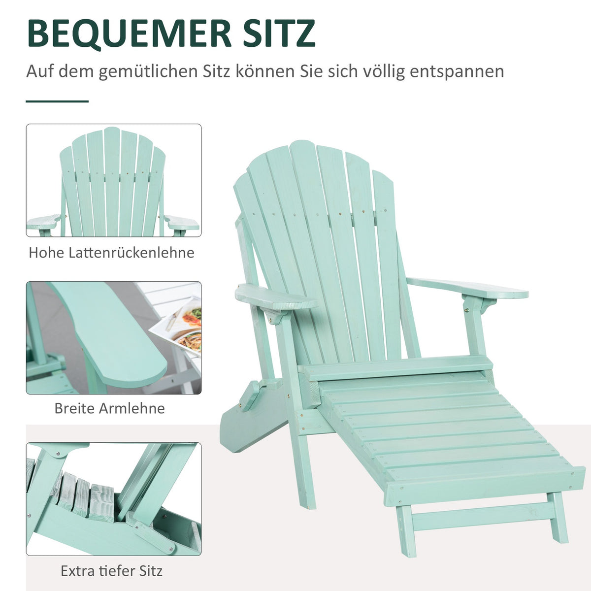 Adirondack Garden Chair With Footrest Folding Garden Lounger Outdoor Garden Furniture Pine Wood Green 78 X 140 X 94 Cm