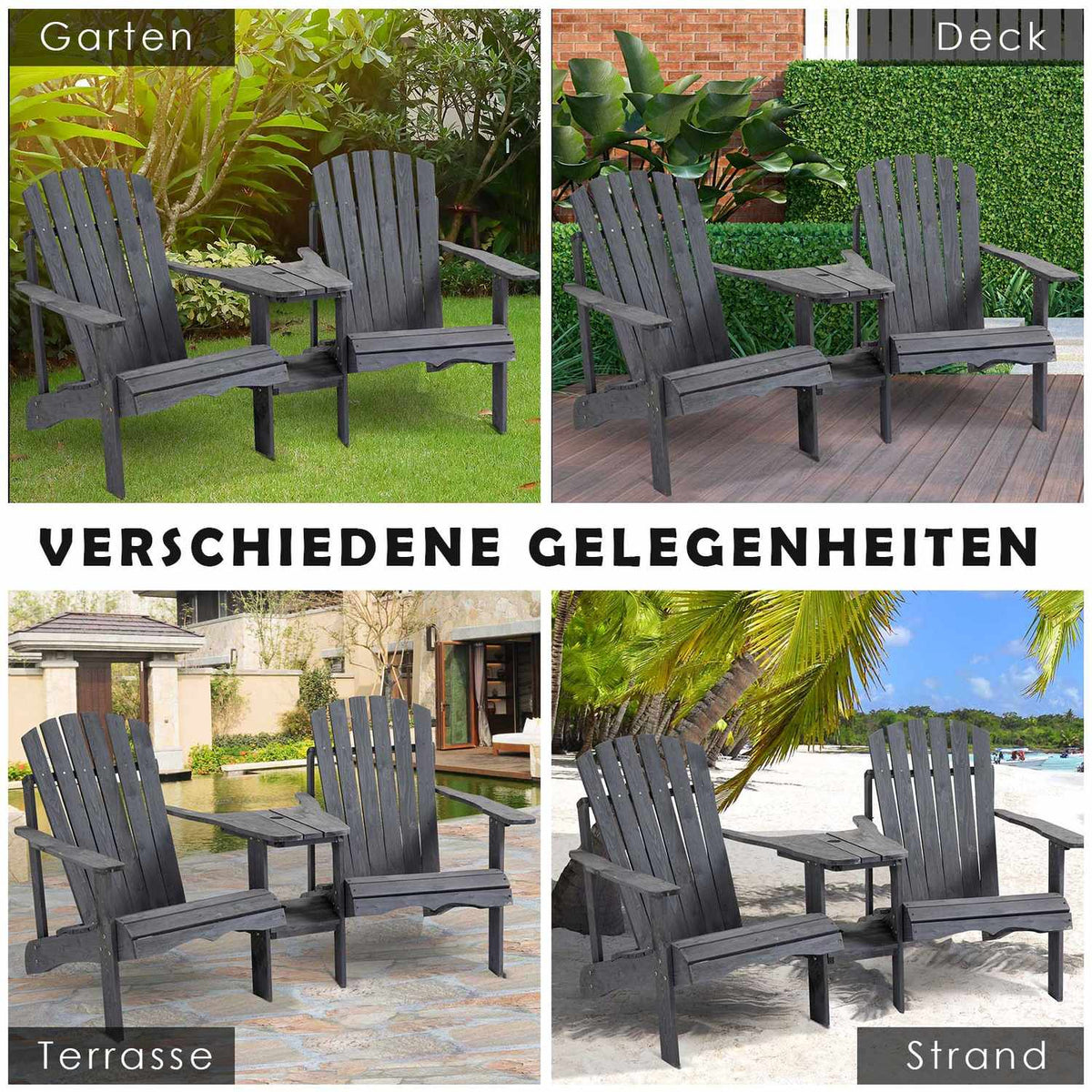 Adirondack Garden Chair With Table And Umbrella Hole 2 Seater Garden Chair Seating Group Garden Furniture For Balcony Solid Wood Dark Gray
