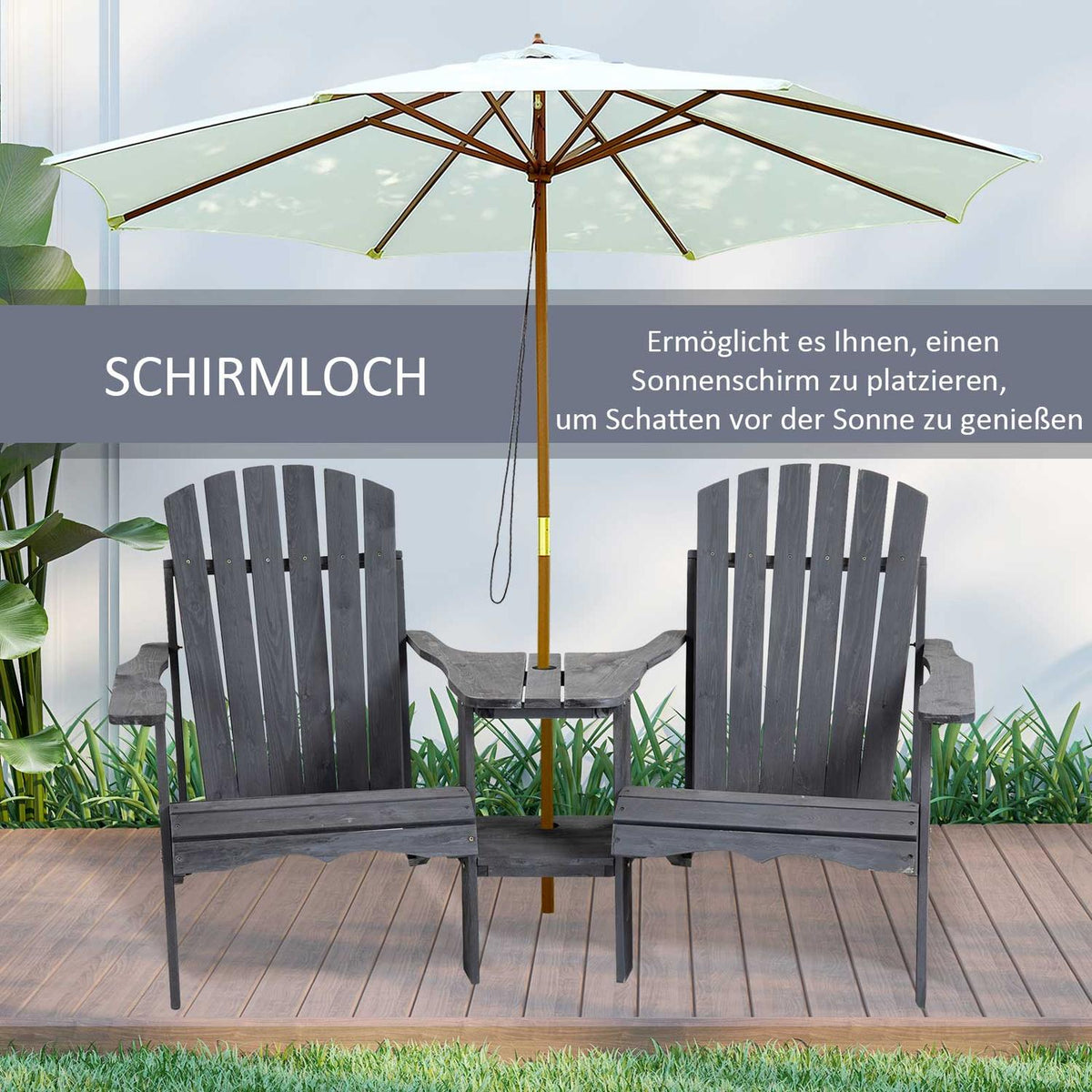 Adirondack Garden Chair With Table And Umbrella Hole 2 Seater Garden Chair Seating Group Garden Furniture For Balcony Solid Wood Dark Gray