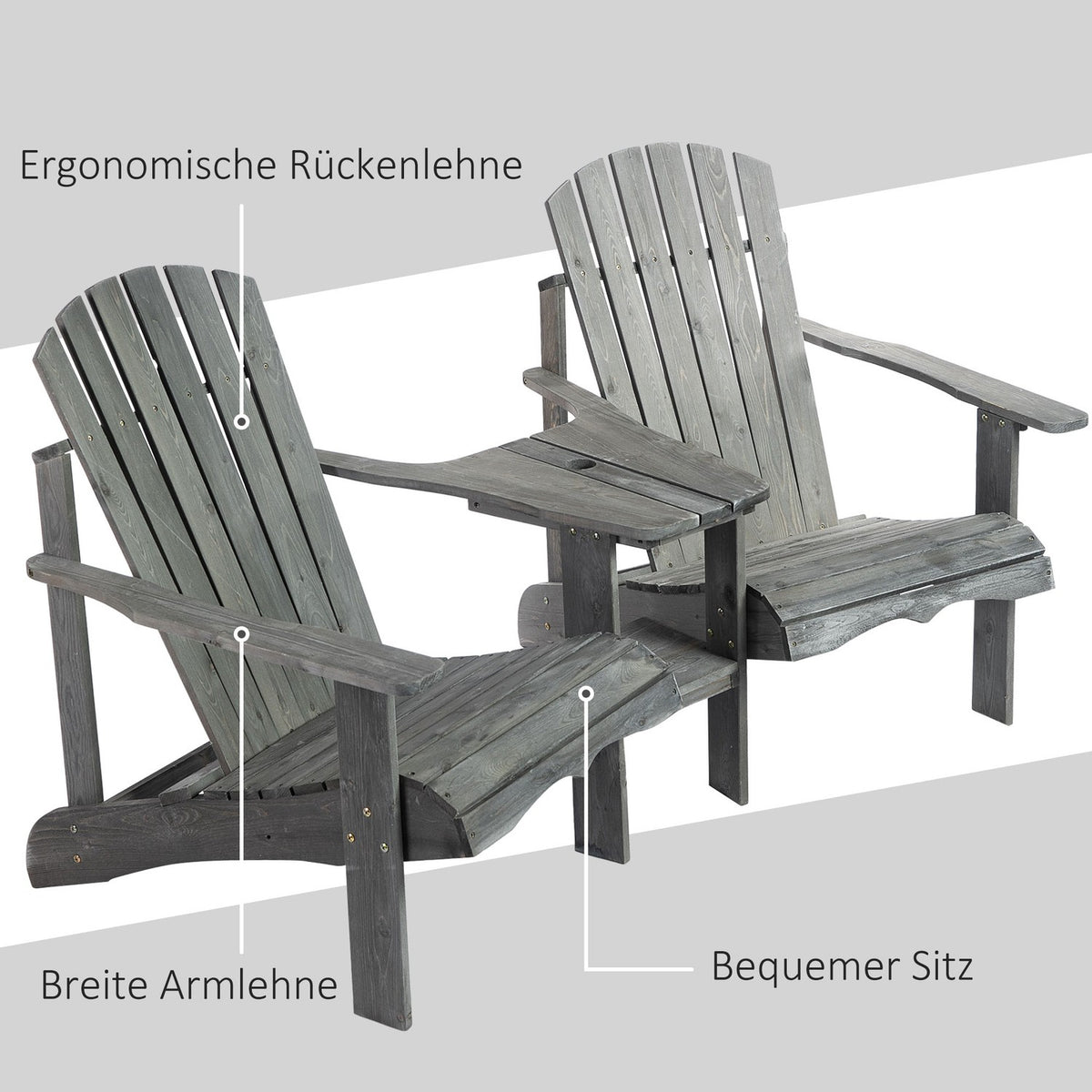 Adirondack Garden Chair With Table And Umbrella Hole 2 Seater Garden Chair Seating Group Garden Furniture For Balcony Solid Wood Gray 178 X 87 X 92 Cm
