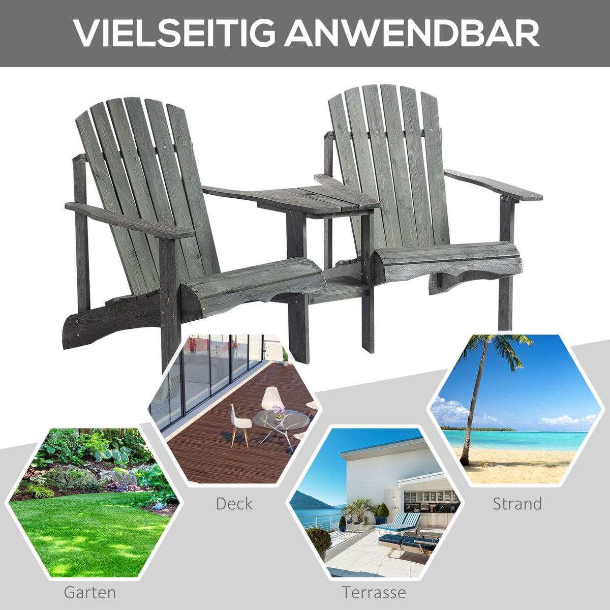 Adirondack Garden Chair With Table And Umbrella Hole 2 Seater Garden Chair Seating Group Garden Furniture For Balcony Solid Wood Gray 178 X 87 X 92 Cm