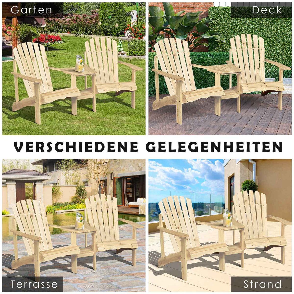 Adirondack Garden Chair With Table And Umbrella Hole 2 Seater Garden Chair Seating Group Garden Furniture For Balcony Solid Wood Natural 178 X 87 X 92 Cm