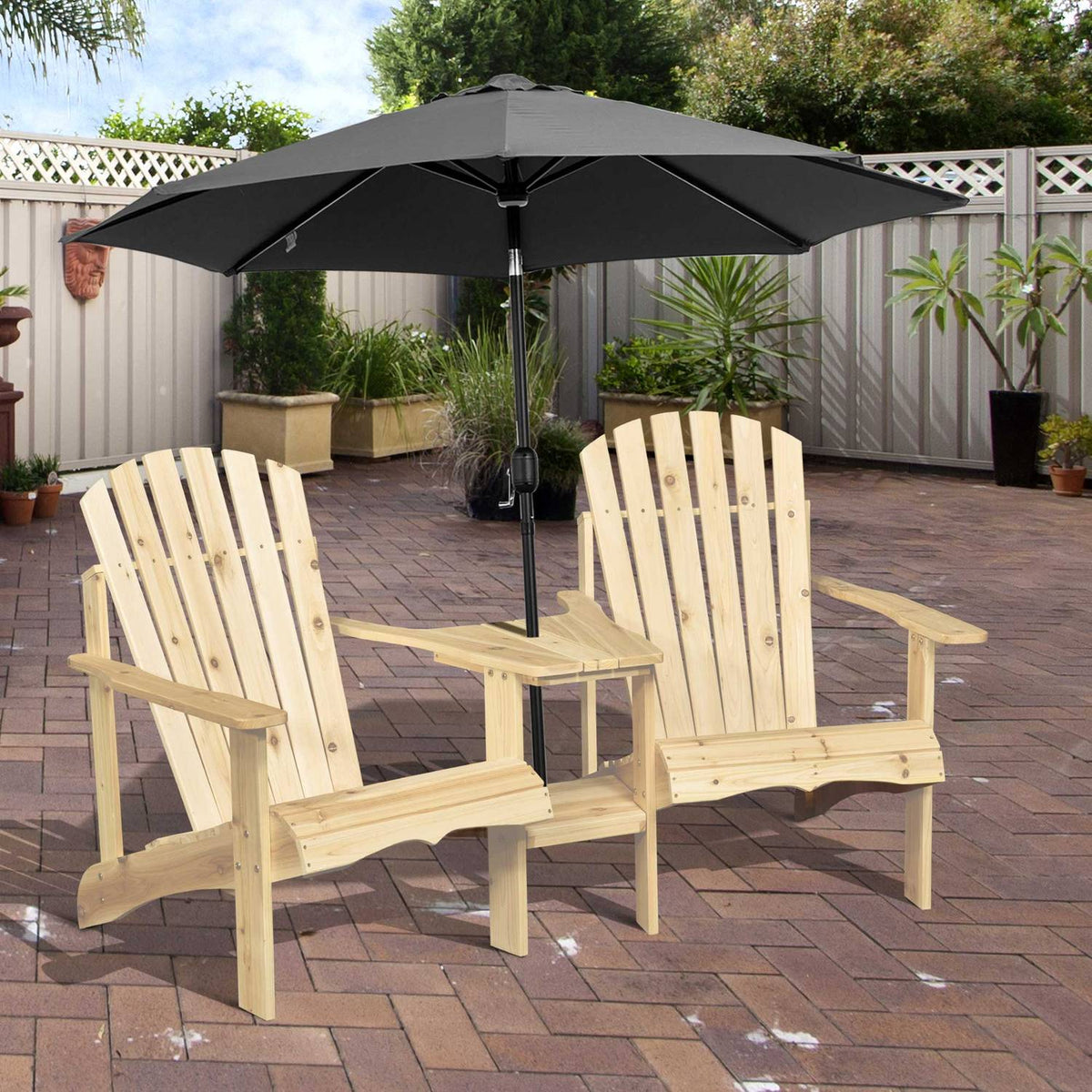 Adirondack Garden Chair With Table And Umbrella Hole 2 Seater Garden Chair Seating Group Garden Furniture For Balcony Solid Wood Natural 178 X 87 X 92 Cm