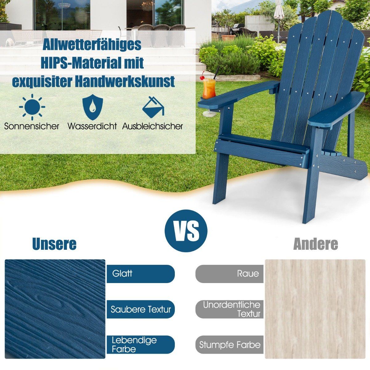 Adirondack Garden Chair with Cup Holder, Blue, Weatherproof