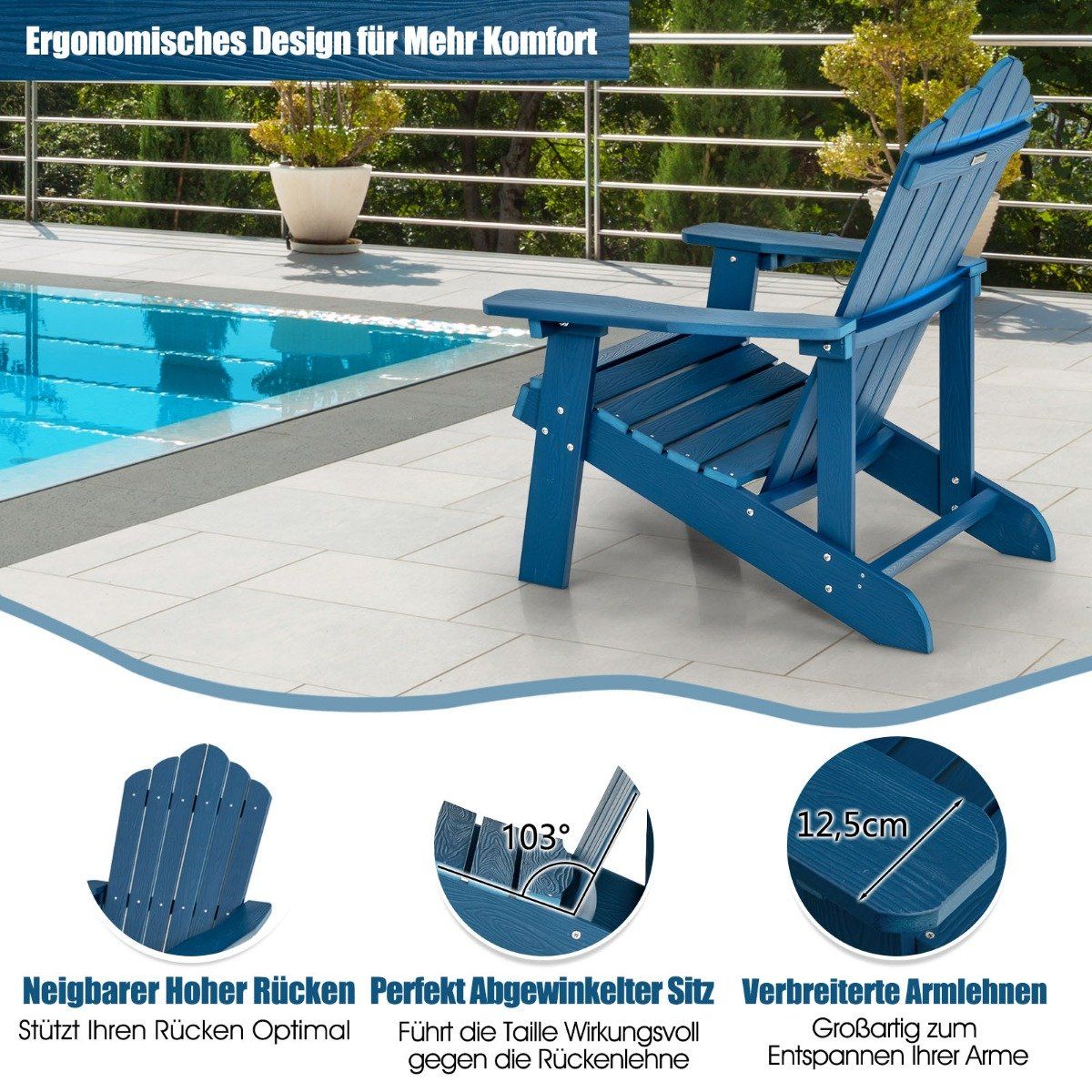 Adirondack Garden Chair with Cup Holder, Blue, Weatherproof