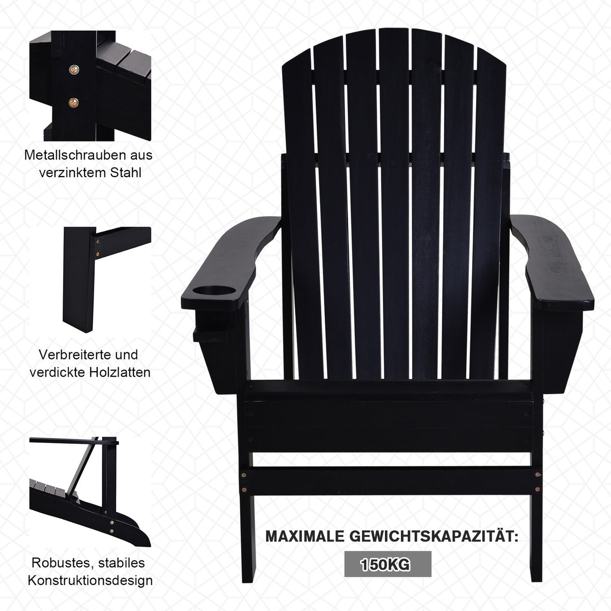 Adirondack Garden Chair with Cup Holder, Solid Wood, Black, 72.5 x 97 x 93 cm, Ideal for Garden & Balcony