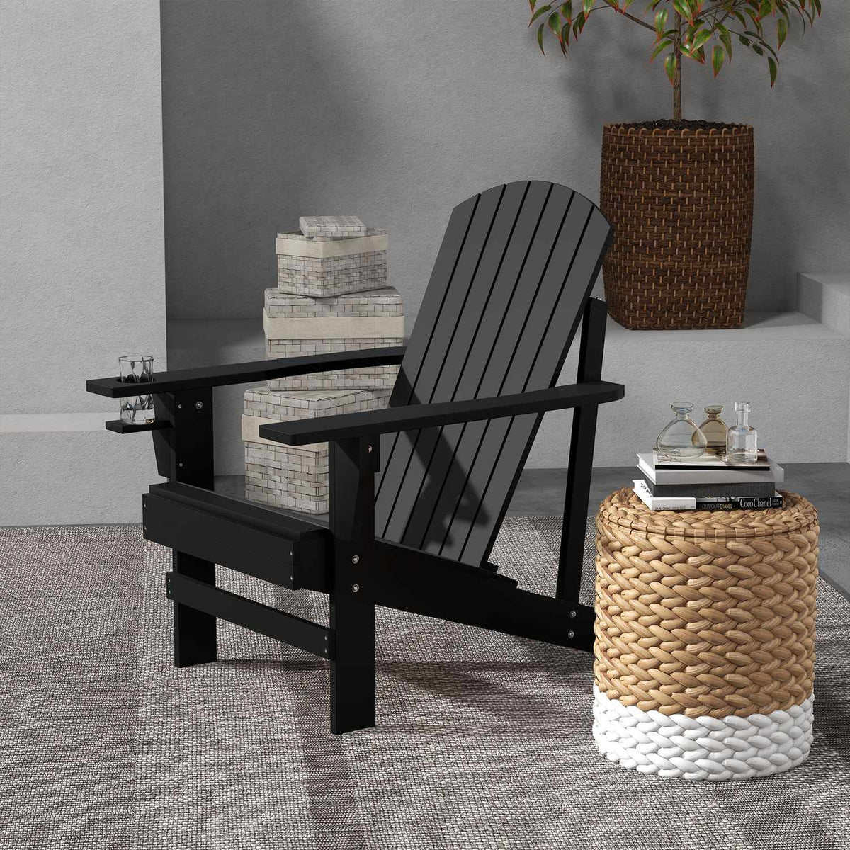 Adirondack Garden Chair with Cup Holder, Solid Wood, Black, 72.5 x 97 x 93 cm, Ideal for Garden & Balcony