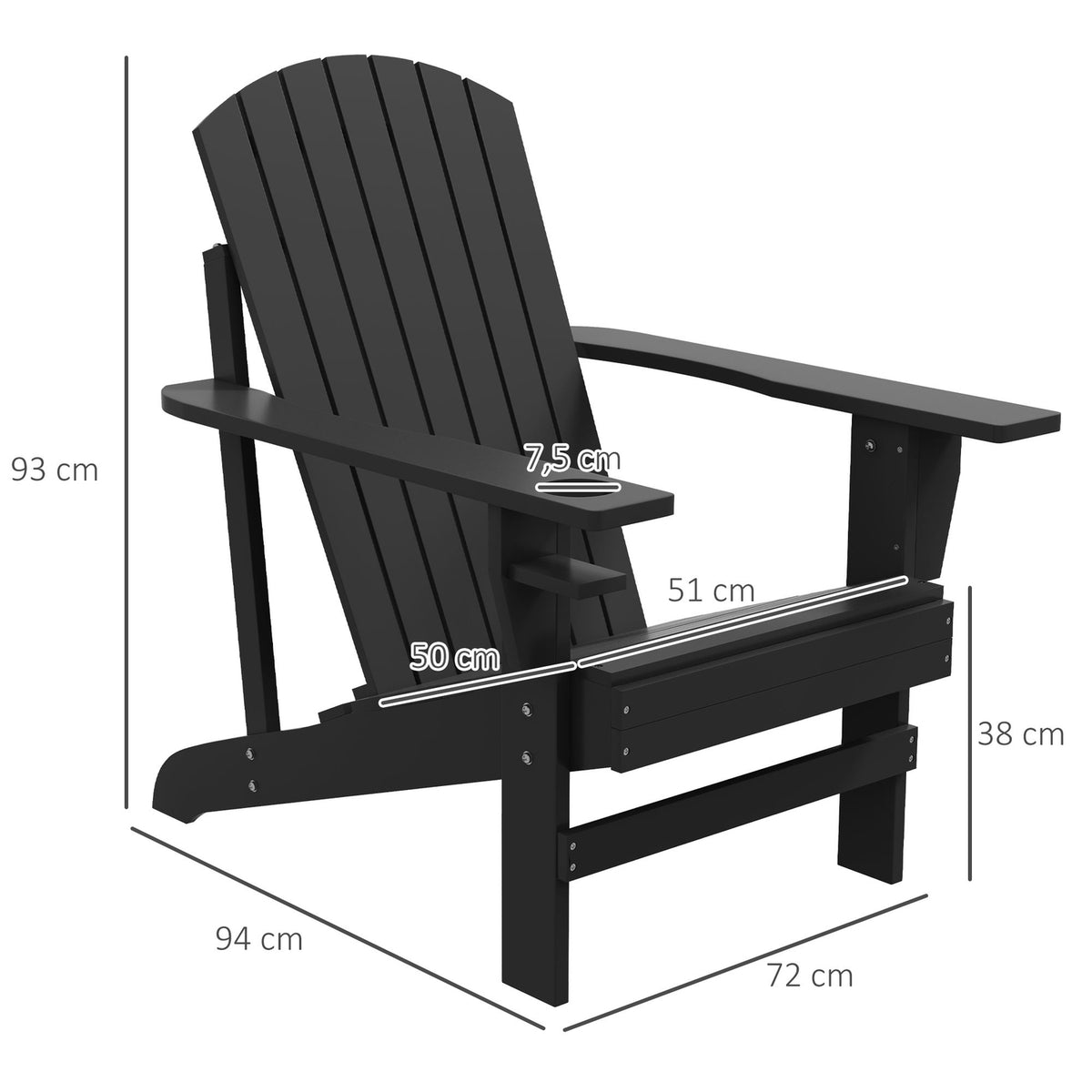 Adirondack Garden Chair with Cup Holder, Solid Wood, Black, 72.5 x 97 x 93 cm, Ideal for Garden & Balcony