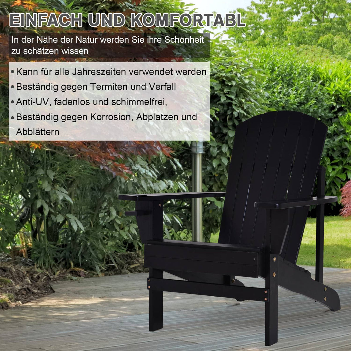 Adirondack Garden Chair with Cup Holder, Solid Wood, Black, 72.5 x 97 x 93 cm, Ideal for Garden & Balcony