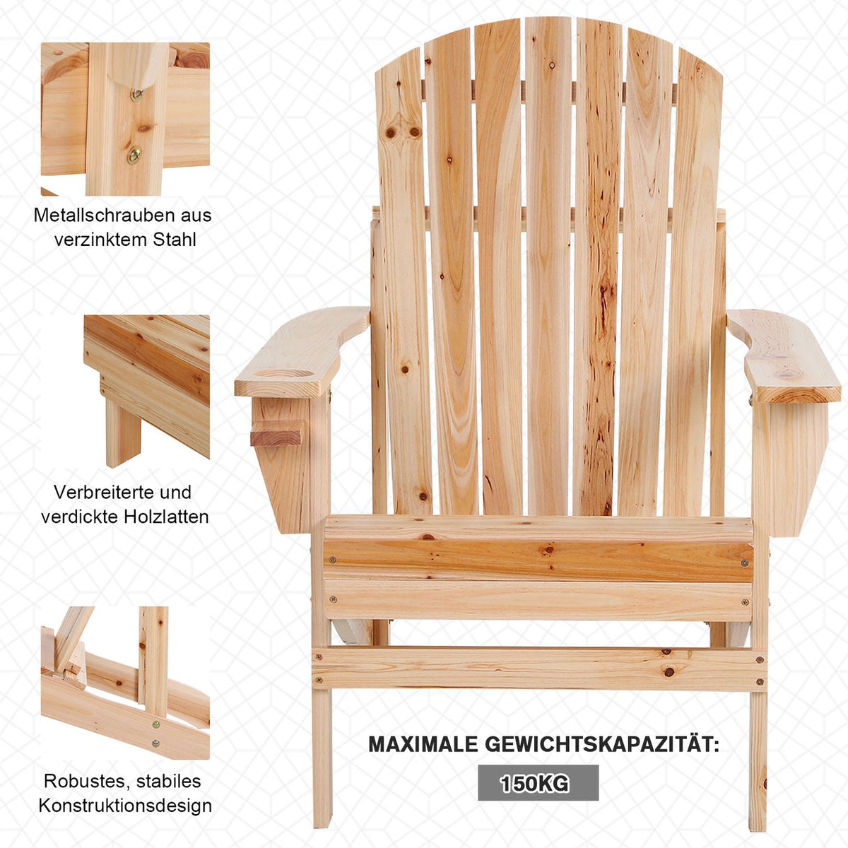 Adirondack garden chair with cup holder, garden lounger, balcony chair, solid wood, natural 72.5 x 97 x 93 cm