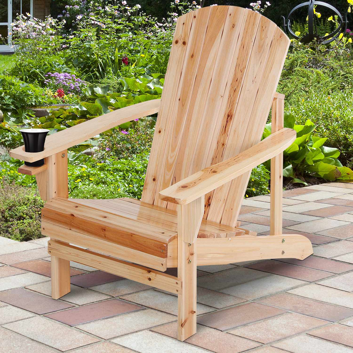 Adirondack garden chair with cup holder, garden lounger, balcony chair, solid wood, natural 72.5 x 97 x 93 cm