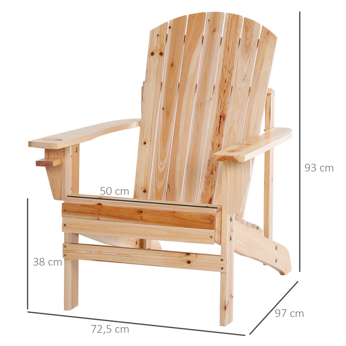 Adirondack garden chair with cup holder, garden lounger, balcony chair, solid wood, natural 72.5 x 97 x 93 cm