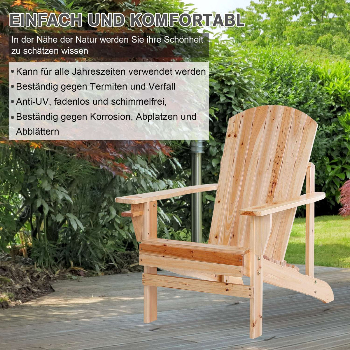 Adirondack garden chair with cup holder, garden lounger, balcony chair, solid wood, natural 72.5 x 97 x 93 cm