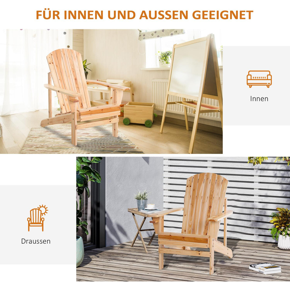 Adirondack garden chair with cup holder, garden lounger, balcony chair, solid wood, natural 72.5 x 97 x 93 cm