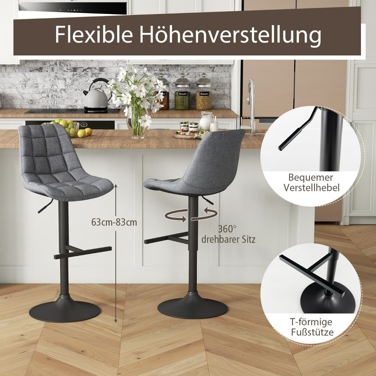 Adjustable 360 Swivel Bar Stools Set of 2, Grey