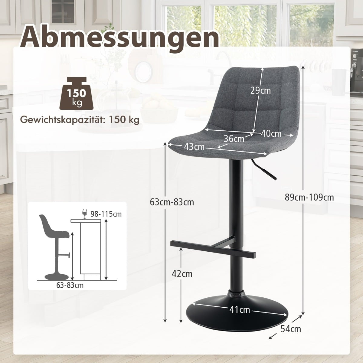 Adjustable 360 Swivel Bar Stools Set of 2, Grey