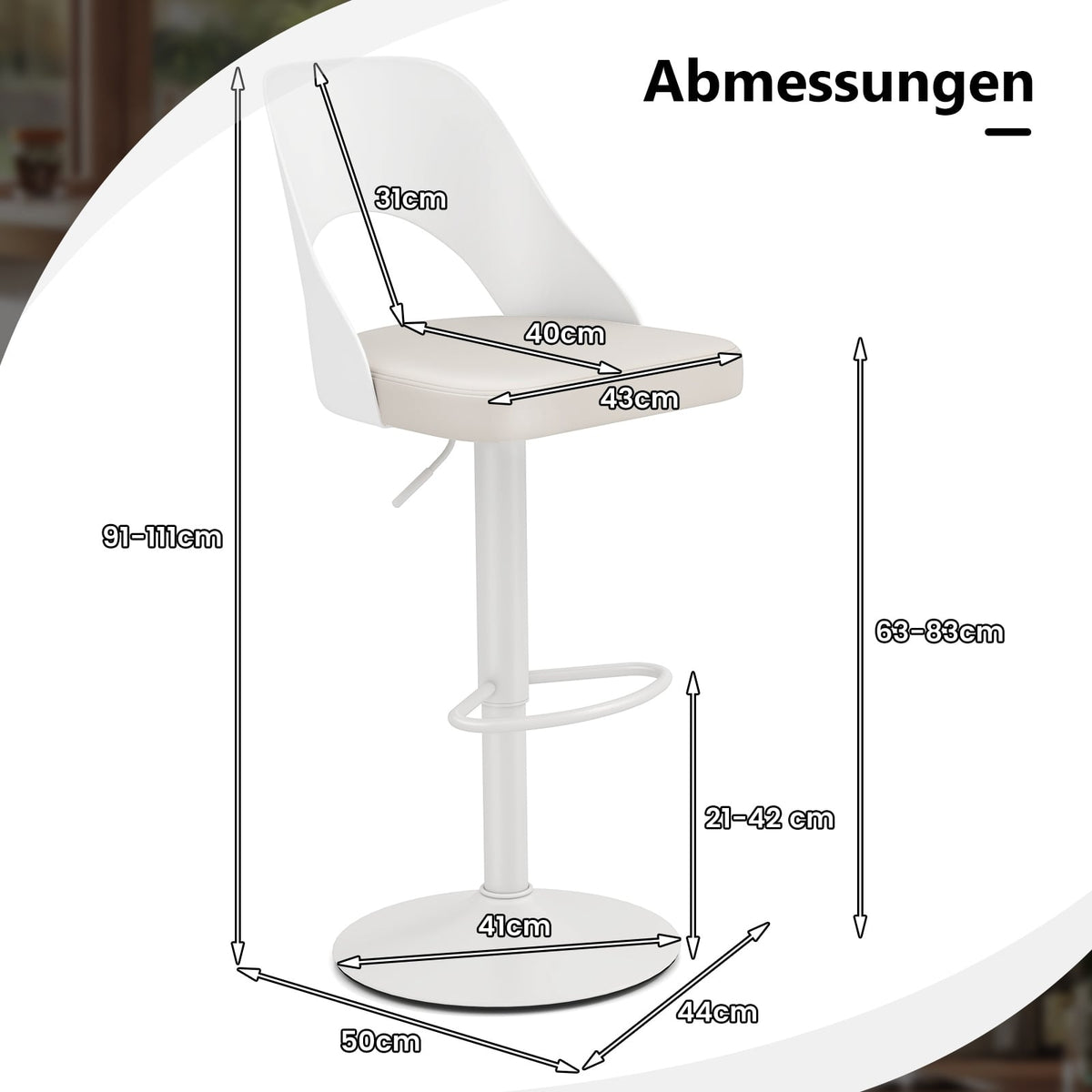 Adjustable 360 Swivel Bar Stools Set of 2 – White PU Leather