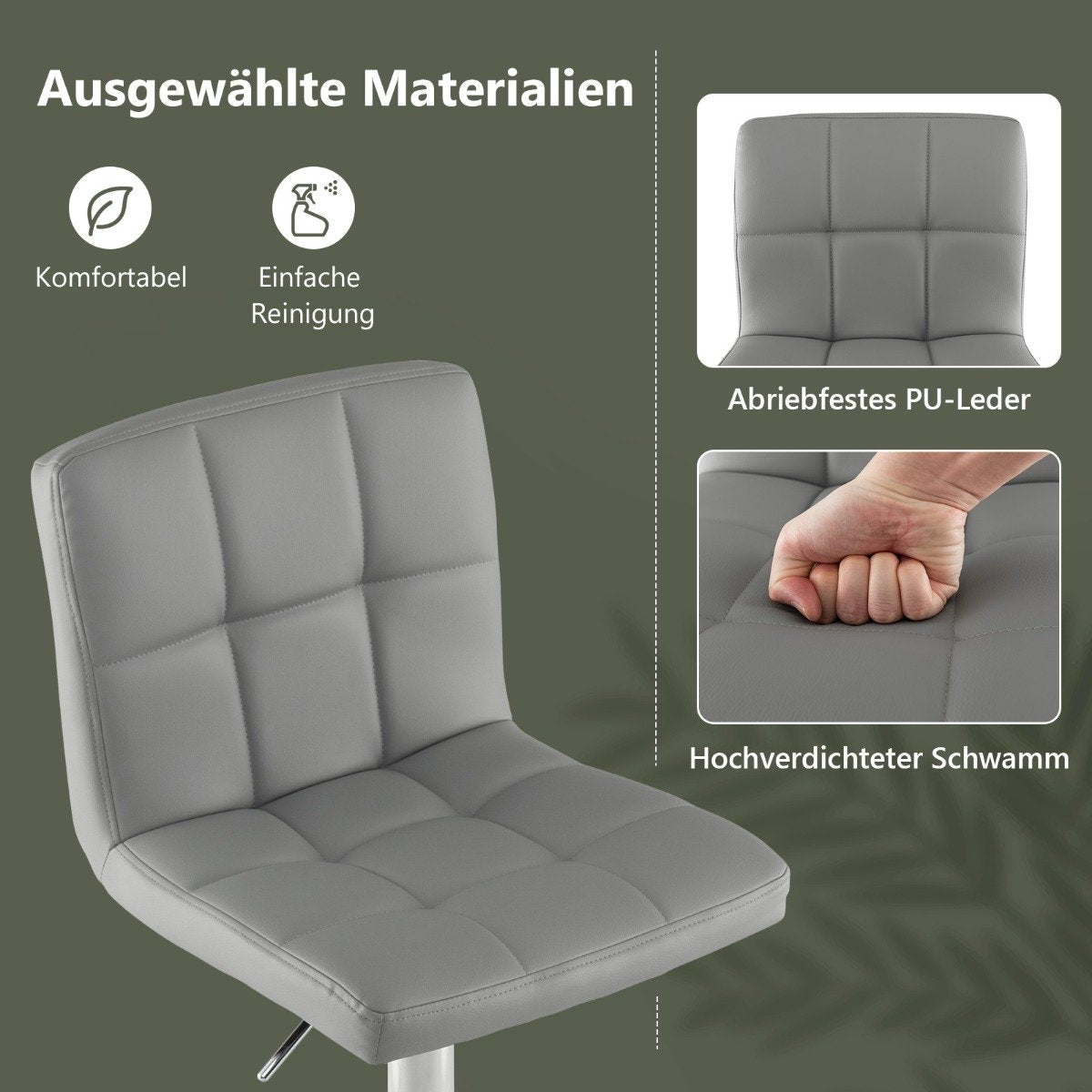 Adjustable 360° Swivel Faux Leather Bar Stool, Grey