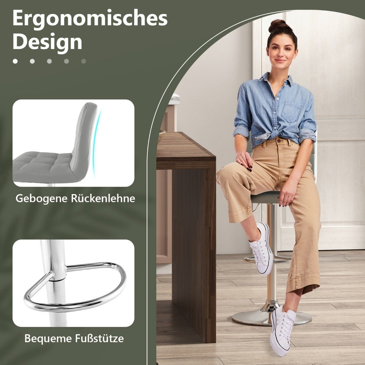 Adjustable 360° Swivel Faux Leather Bar Stool, Grey