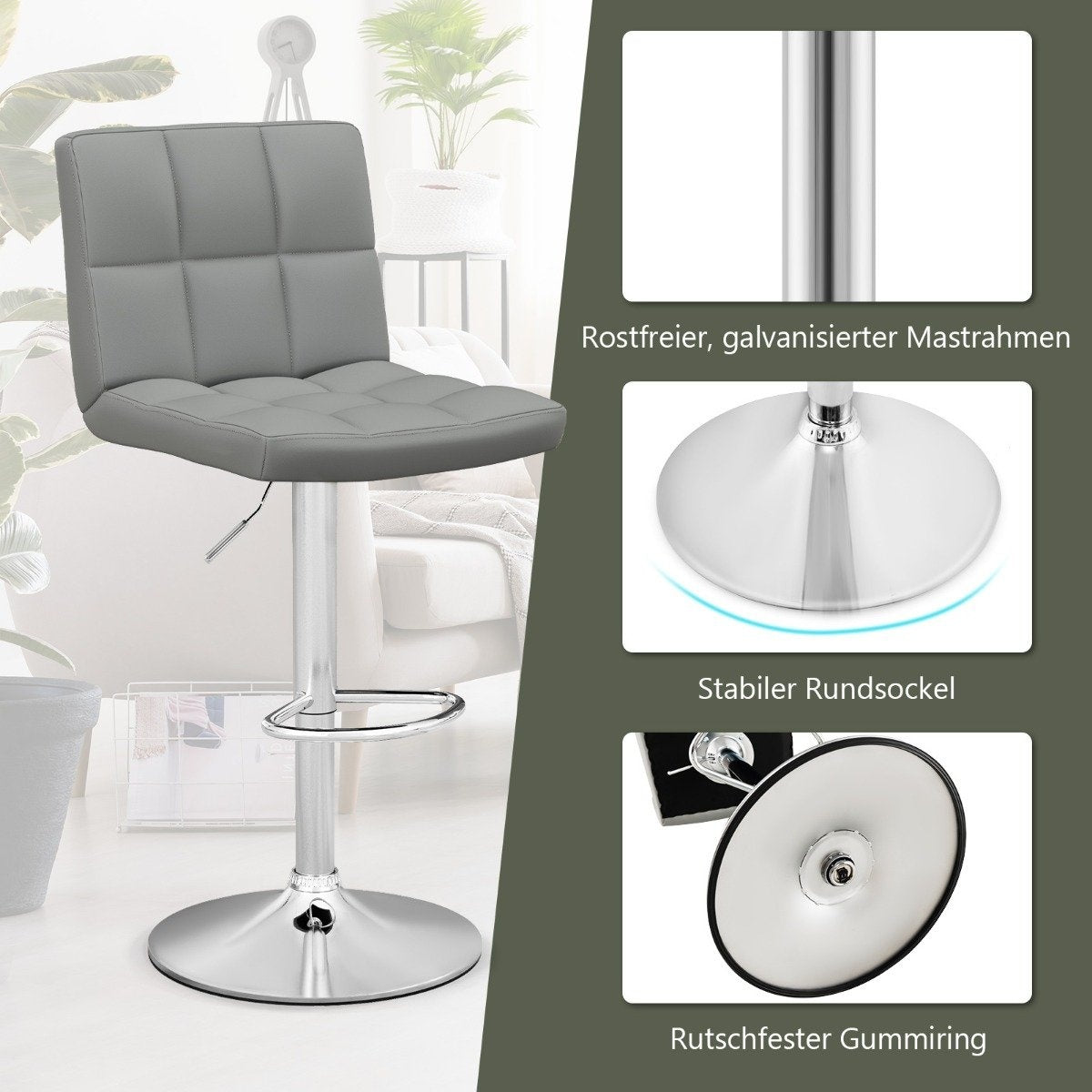 Adjustable 360° Swivel Faux Leather Bar Stool, Grey