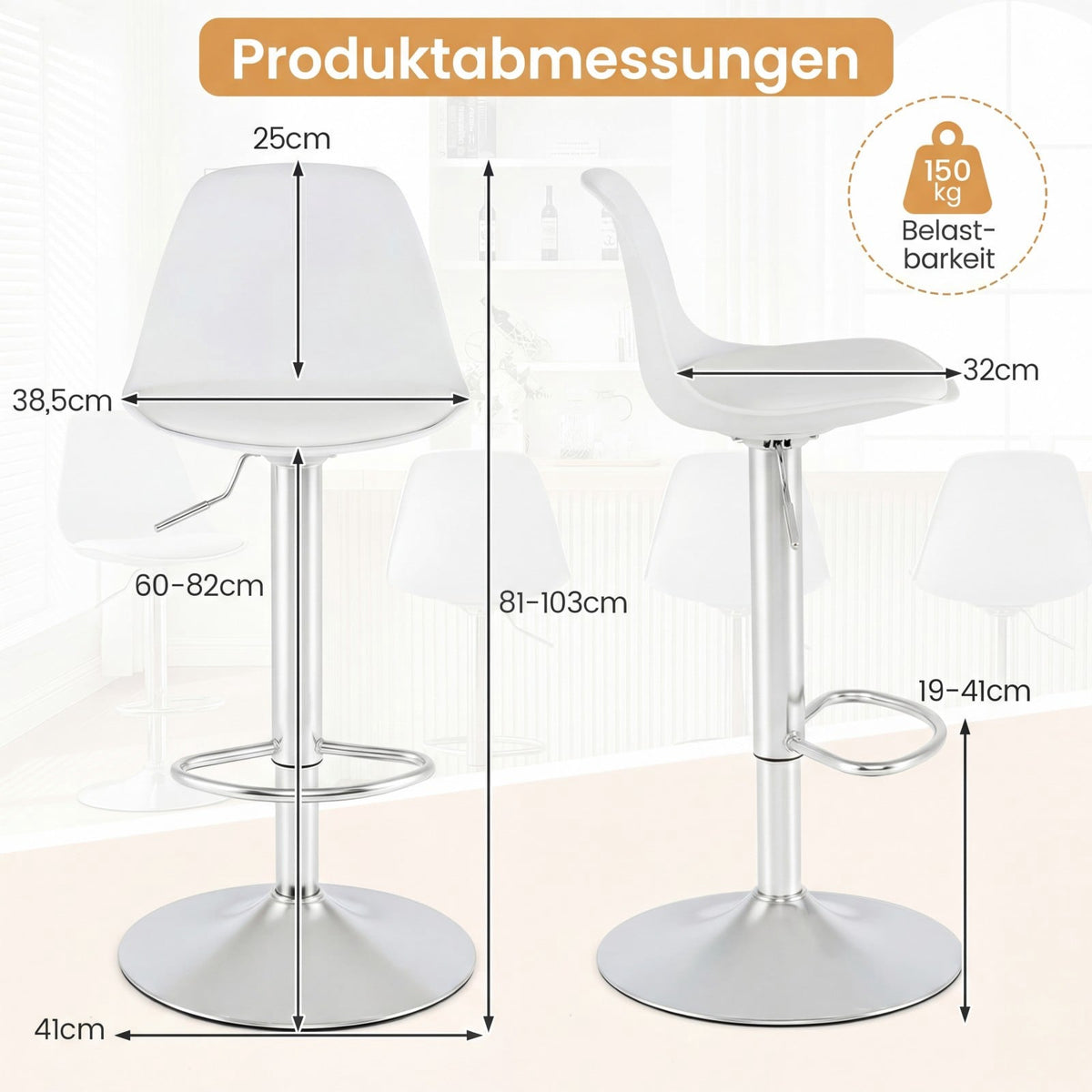 Adjustable 360 Swivel White Faux Leather Bar Stools