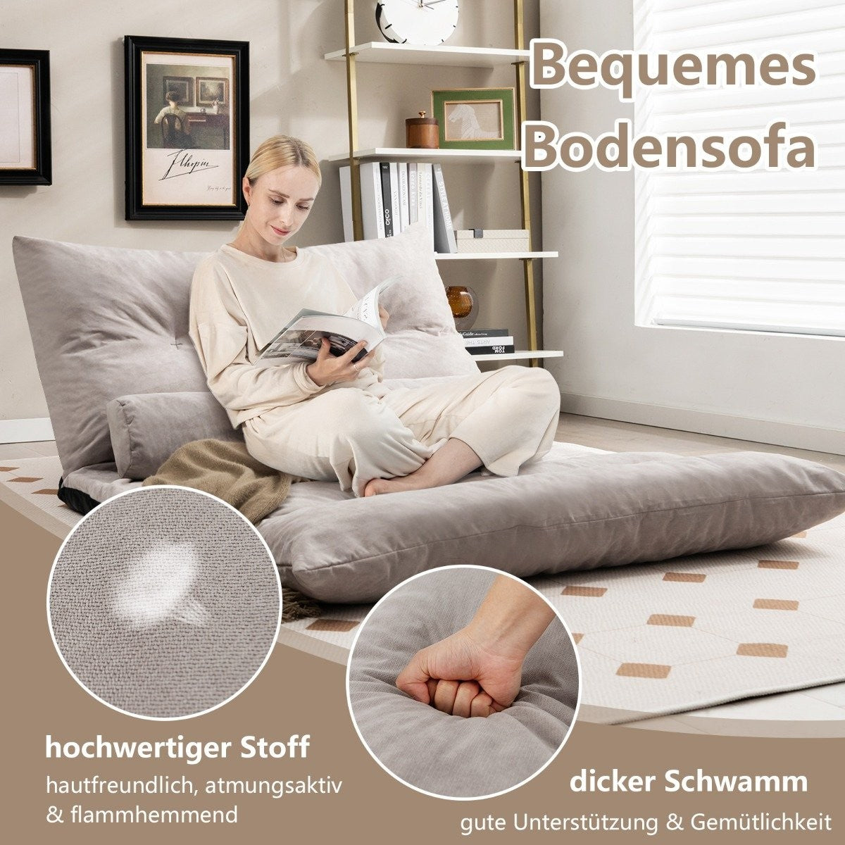 Adjustable 3-in-1 Floor Sofa Bed with Cushions, Grey