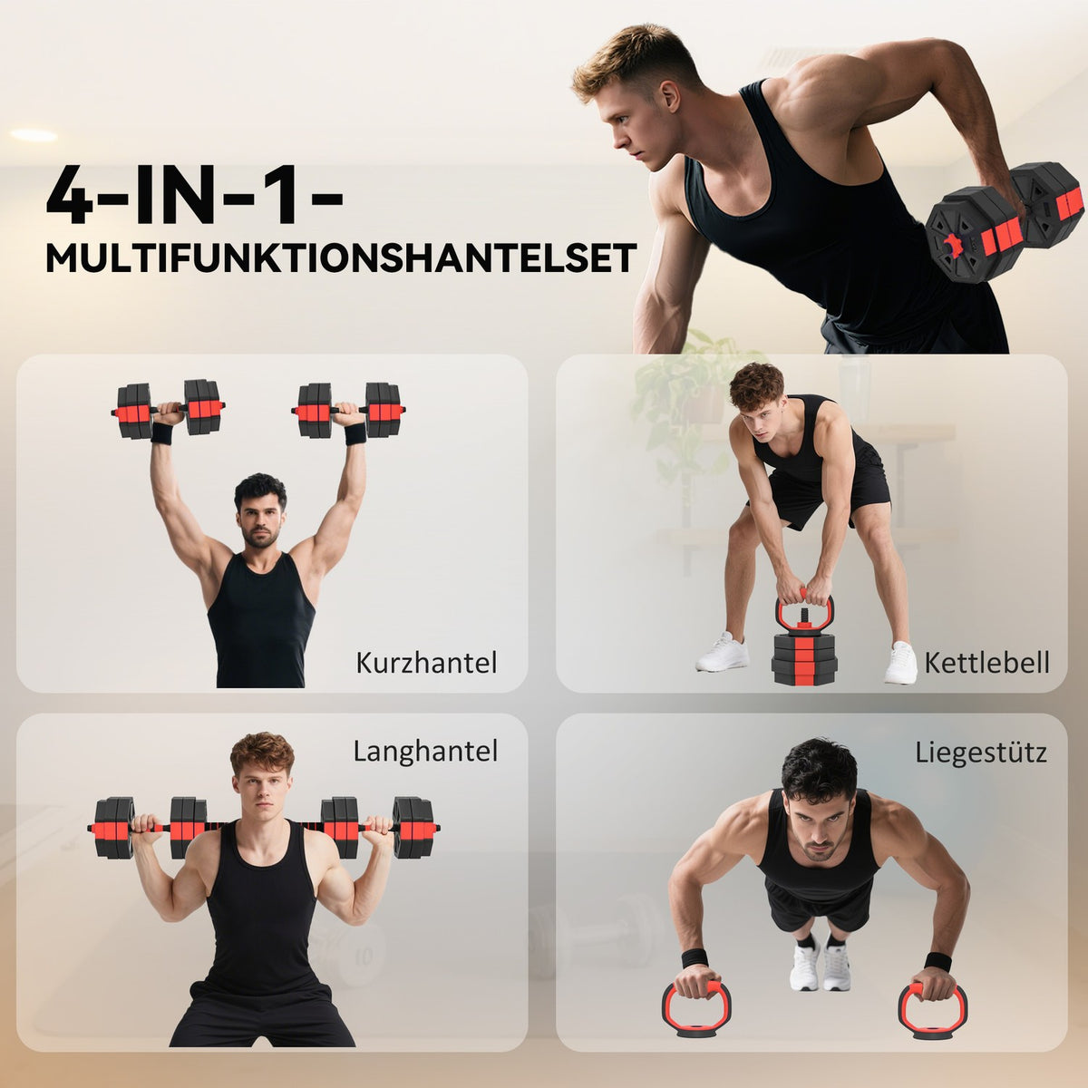 Adjustable 4-in-1 Dumbbell Set, 25kg for Home Workouts