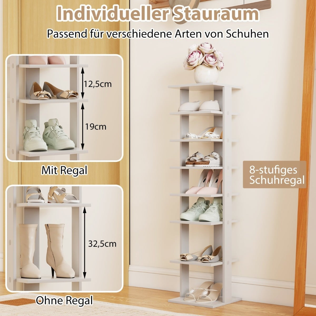 Adjustable 8-Tier Wooden Shoe Rack, Space-Saving, Grey
