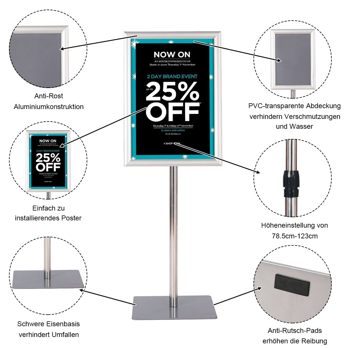 Adjustable A3 Info Stand Set, Silver, Aluminum Frame